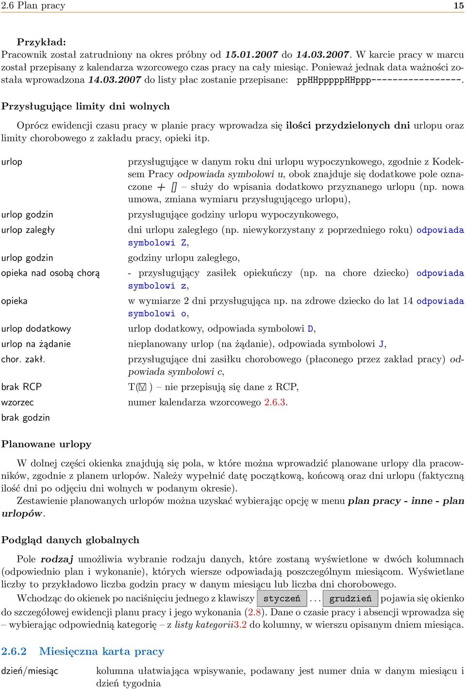 Przysługujące limity dni wolnych Oprócz ewidencji czasu pracy w planie pracy wprowadza się ilości przydzielonych dni urlopu oraz limity chorobowego z zakładu pracy, opieki itp.