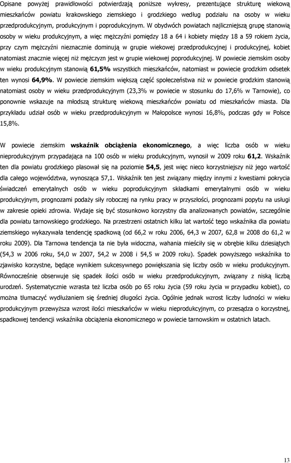 W obydwóch powiatach najliczniejszą grupę stanowią osoby w wieku produkcyjnym, a więc mężczyźni pomiędzy 18 a 64 i kobiety między 18 a 59 rokiem życia, przy czym mężczyźni nieznacznie dominują w