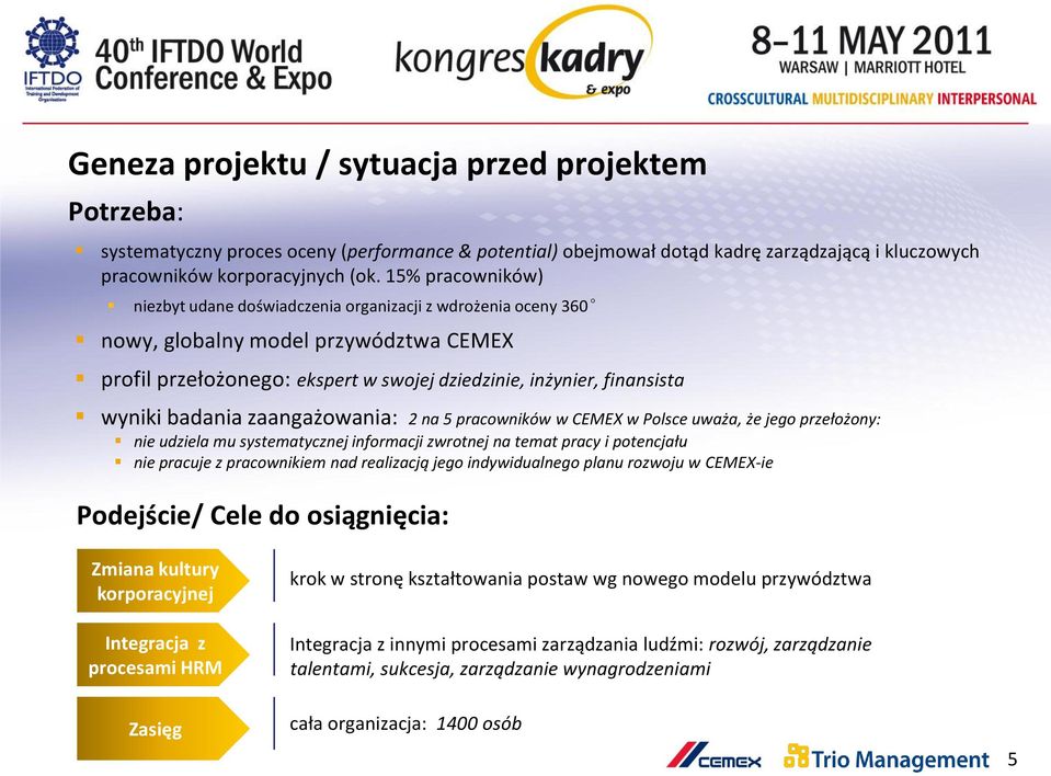 badania zaangażowania: 2 na 5 pracowników w CEMEX w Polsce uważa, że jego przełożony: nie udziela mu systematycznej informacji zwrotnej na temat pracy i potencjału nie pracuje z pracownikiem nad