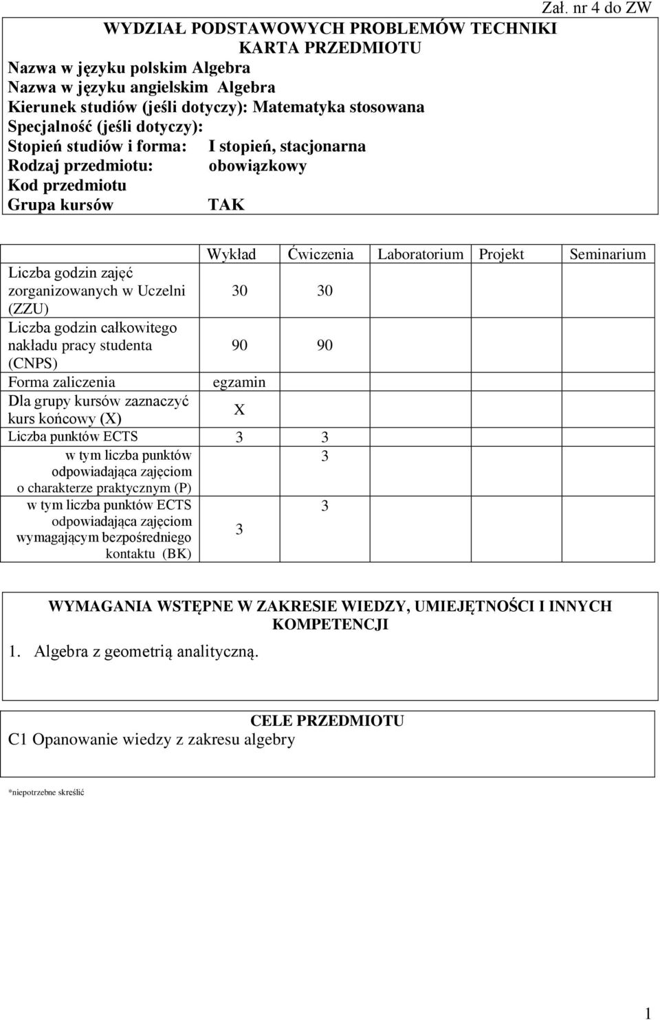 godzin zajęć zorganizowanych w Uczelni 0 0 (ZZU) Liczba godzin całkowitego nakładu pracy studenta 90 90 (CNPS) Forma zaliczenia egzamin Dla grupy kursów zaznaczyć kurs końcowy (X) X Liczba punktów