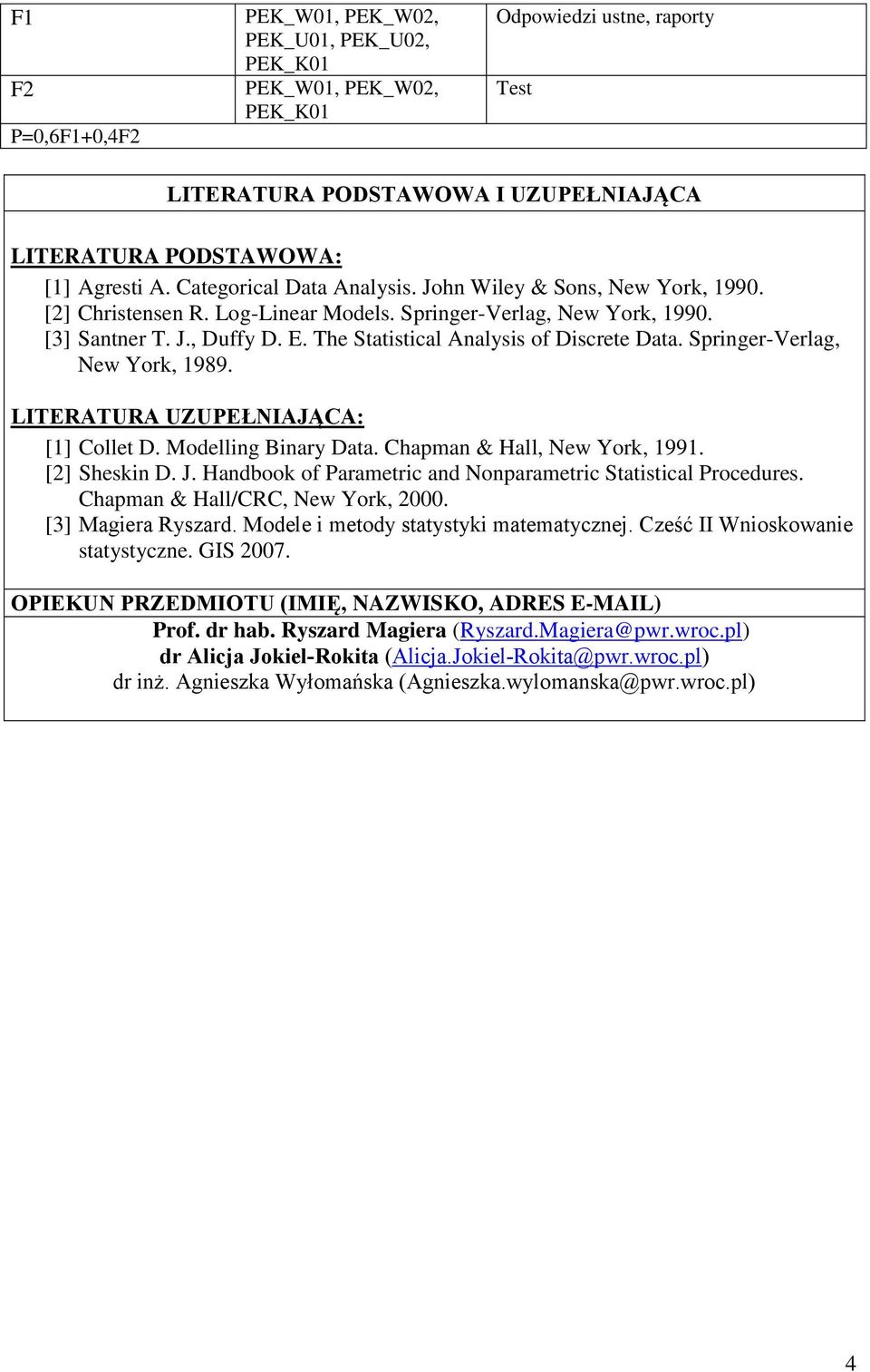 The Statistical Analysis of Discrete Data. Springer-Verlag, New York, 1989. LITERATURA UZUPEŁNIAJĄCA: [1] Collet D. Modelling Binary Data. Chapman & Hall, New York, 1991. [] Sheskin D. J.