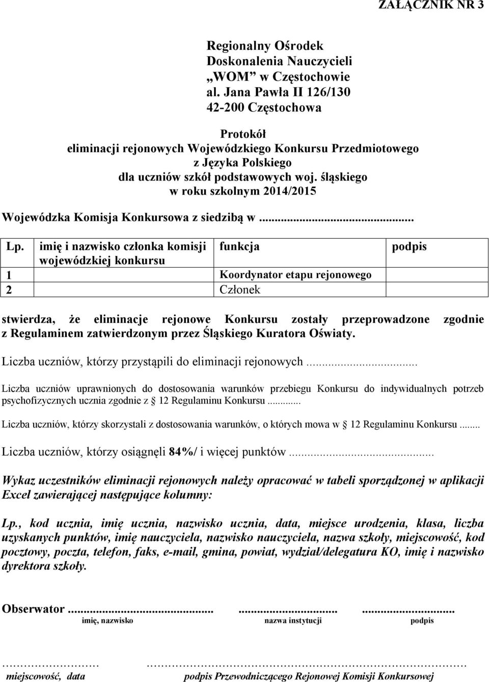 imię i nazwisko członka komisji wojewódzkiej konkursu funkcja 1 Koordynator etapu rejonowego 2 Członek podpis stwierdza, że eliminacje rejonowe Konkursu zostały przeprowadzone zgodnie z Regulaminem