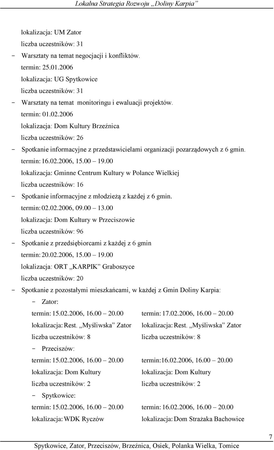 2006 lokalizacja: Dom Kultury Brzeźnica liczba uczestników: 26 - Spotkanie informacyjne z przedstawicielami organizacji pozarządowych z 6 gmin. termin: 16.02.2006, 15.00 19.