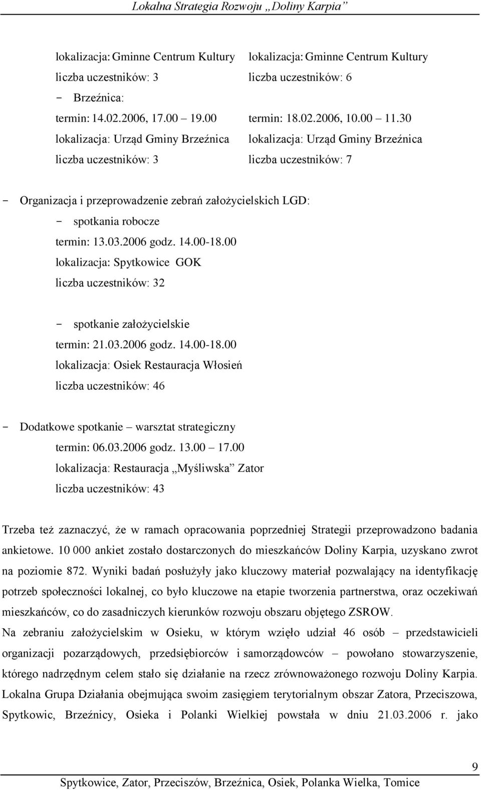 termin: 13.03.2006 godz. 14.00-18.00 lokalizacja: Spytkowice GOK liczba uczestników: 32 - spotkanie założycielskie termin: 21.03.2006 godz. 14.00-18.00 lokalizacja: Osiek Restauracja Włosień liczba uczestników: 46 - Dodatkowe spotkanie warsztat strategiczny termin: 06.