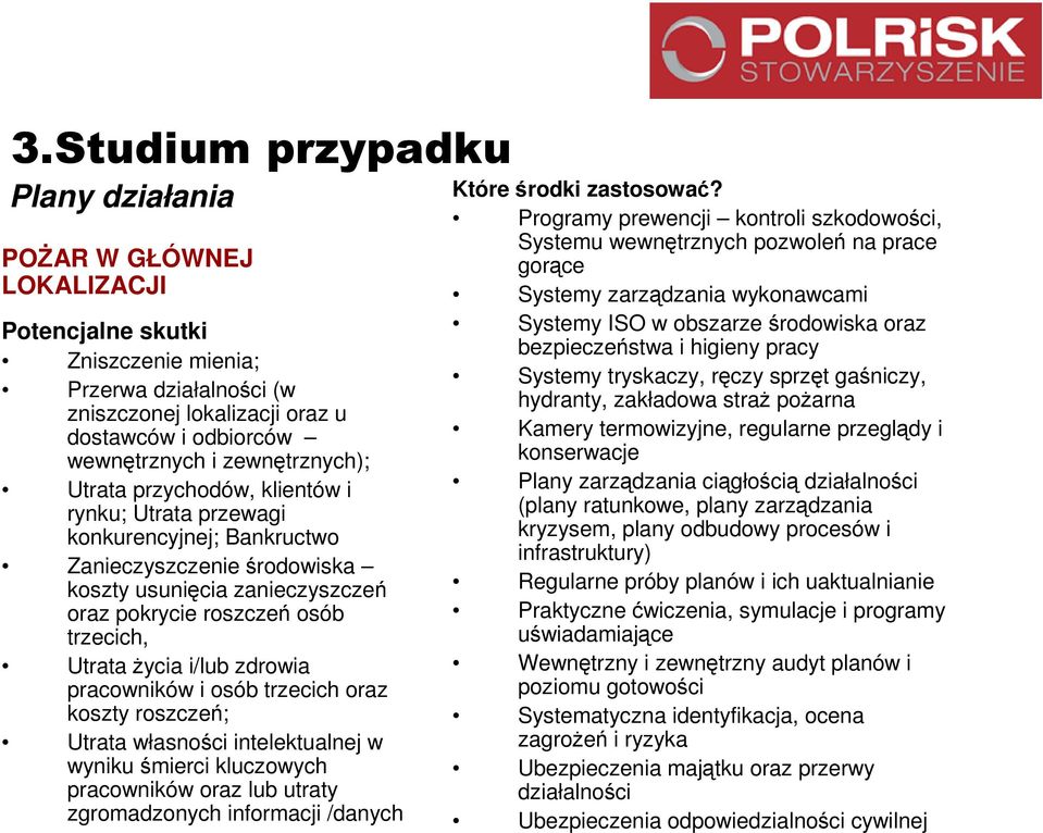 pracowników i osób trzecich oraz koszty roszczeń; Utrata własności intelektualnej w wyniku śmierci kluczowych pracowników oraz lub utraty zgromadzonych informacji /danych Które środki zastosować?