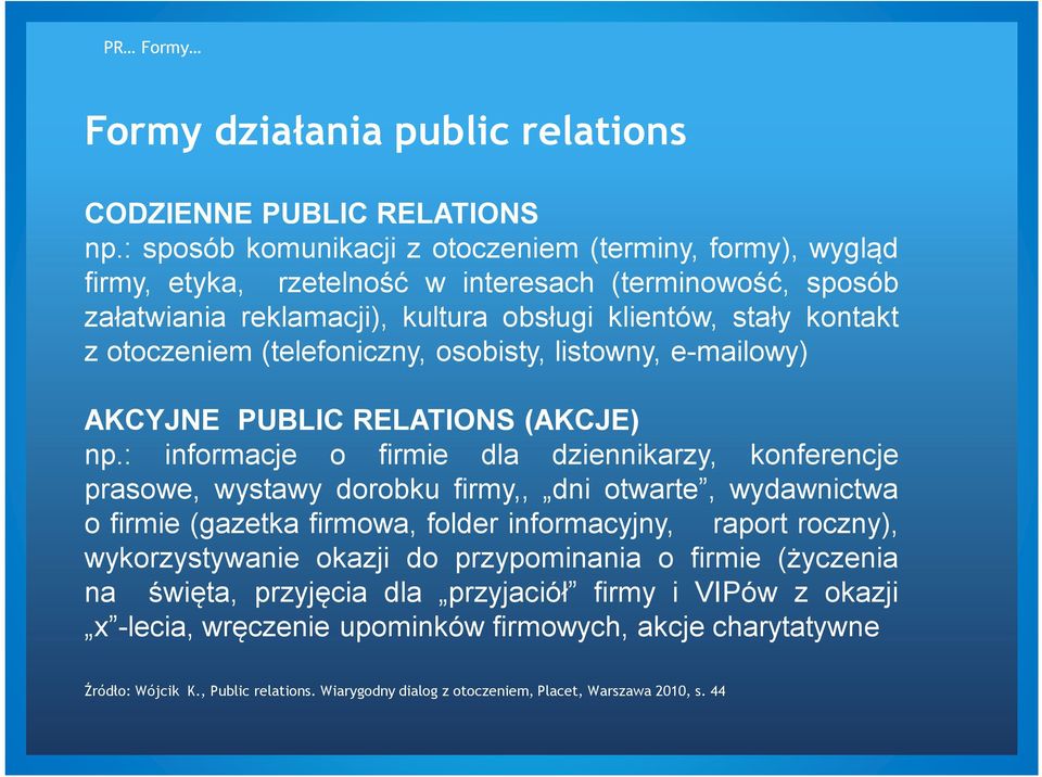 (telefoniczny, osobisty, listowny, e-mailowy) AKCYJNE PUBLIC RELATIONS (AKCJE) np.