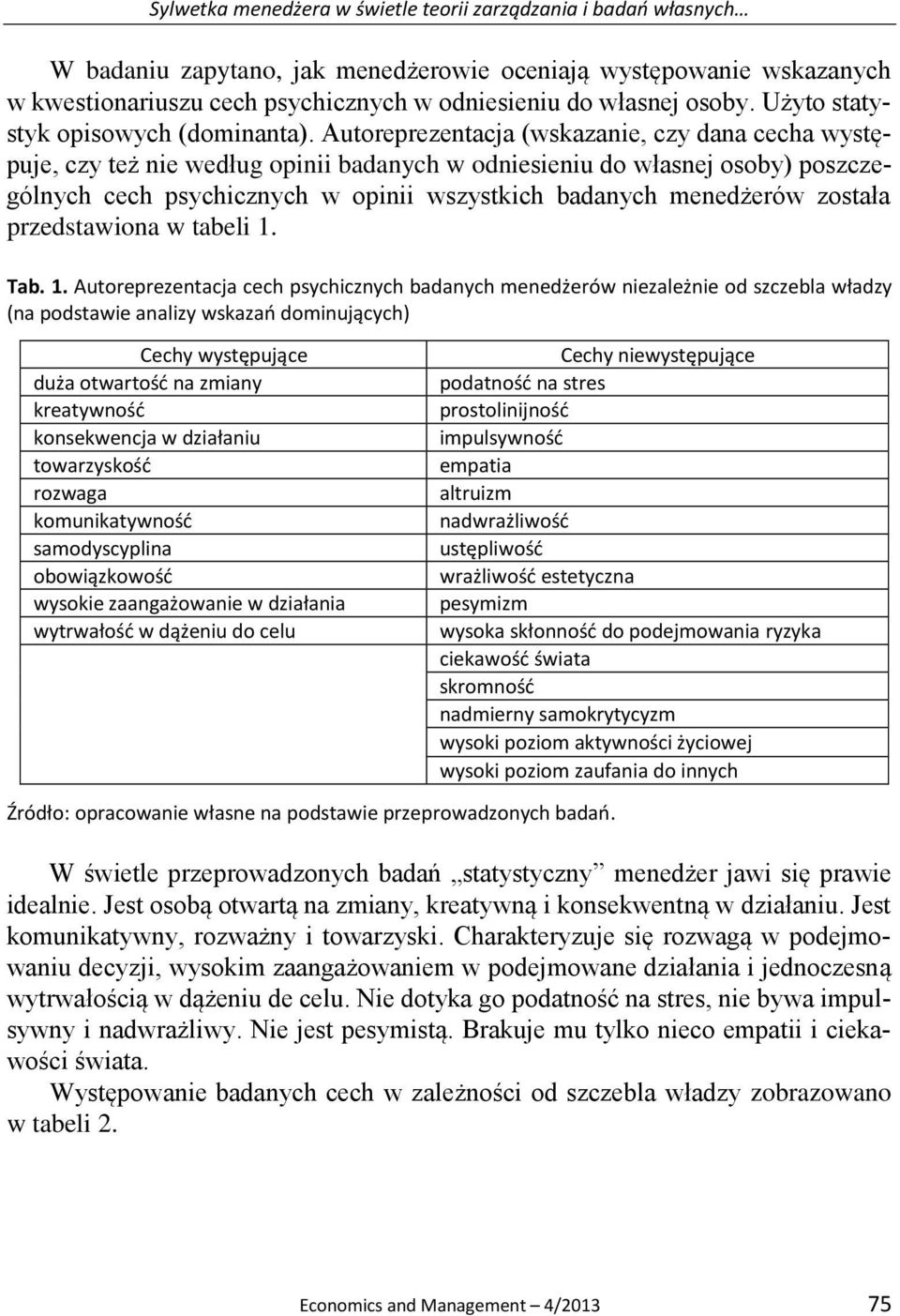 Autoreprezentacja (wskazanie, czy dana cecha występuje, czy też nie według opinii badanych w odniesieniu do własnej osoby) poszczególnych cech psychicznych w opinii wszystkich badanych menedżerów