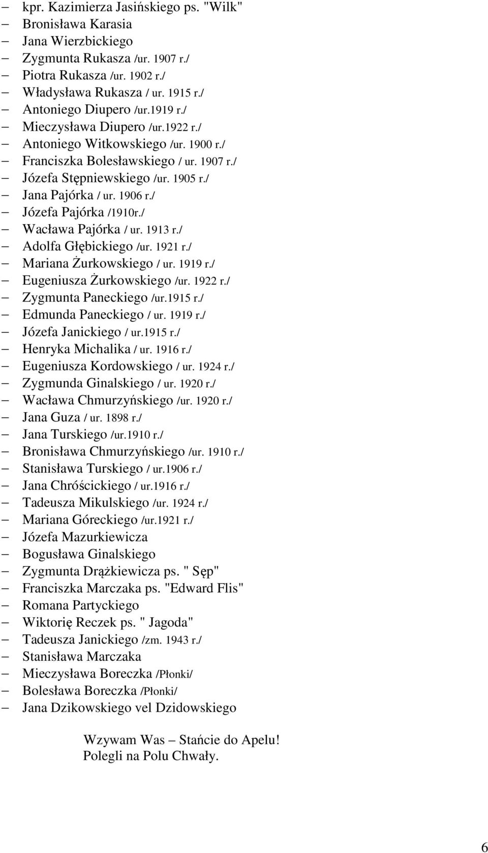 / Wacława Pajórka / ur. 1913 r./ Adolfa Głębickiego /ur. 1921 r./ Mariana Żurkowskiego / ur. 1919 r./ Eugeniusza Żurkowskiego /ur. 1922 r./ Zygmunta Paneckiego /ur.1915 r./ Edmunda Paneckiego / ur.