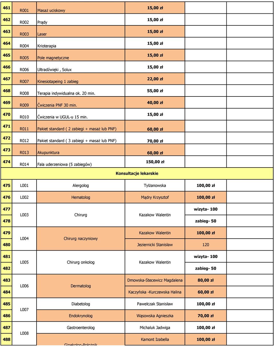 15,00 zł 471 472 473 R011 Pakiet standard ( 2 zabiegi + masaż lub PNF) 60,00 zł R012 Pakiet standard ( 3 zabiegi + masaż lub PNF) 70,00 zł R013 Akupunktura 60,00 zł 474 R014 Fala uderzeniowa (5