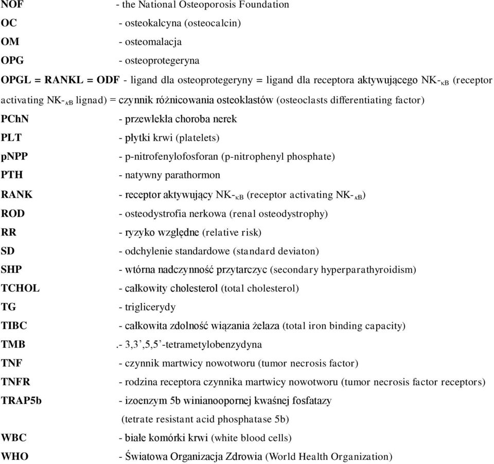 p-nitrofenylofosforan (p-nitrophenyl phosphate) PTH - natywny parathormon RANK - receptor aktywujący NK- B (receptor activating NK- B ) ROD - osteodystrofia nerkowa (renal osteodystrophy) RR - ryzyko