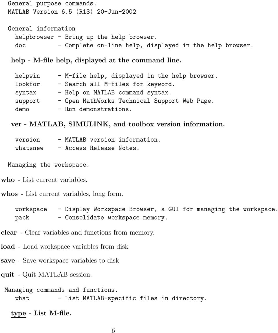 support - Open MathWorks Technical Support Web Page. demo - Run demonstrations. ver- MATLAB, SIMULINK, and toolbox version information. version - MATLAB version information.