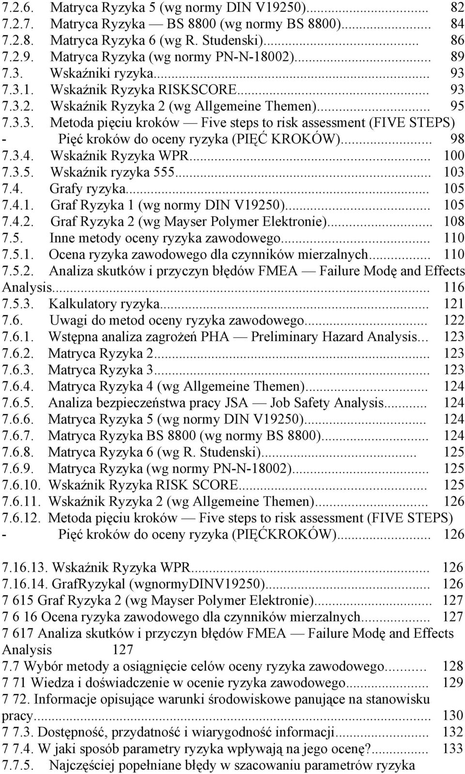 .. 98 7.3.4. Wskaźnik Ryzyka WPR... 100 7.3.5. Wskaźnik ryzyka 555... 103 7.4. Grafy ryzyka... 105 7.4.1. Graf Ryzyka 1 (wg normy DIN V19250)... 105 7.4.2. Graf Ryzyka 2 (wg Mayser Polymer Elektronie).