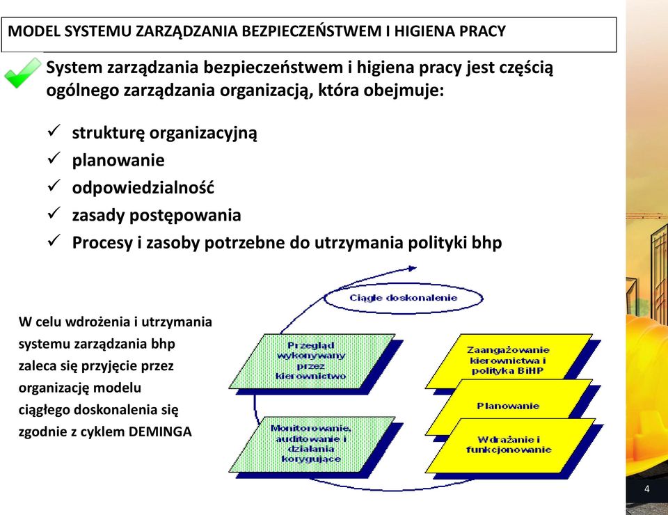 odpowiedzialność zasady postępowania Procesy i zasoby potrzebne do utrzymania polityki bhp W celu wdrożenia i