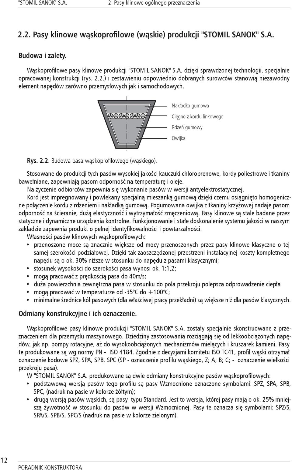 2.) i zestawieniu odpowiednio dobranych surowców stanowią niezawodny element napędów zarówno przemysłowych jak i samochodowych. Nakładka gumowa Cięgno z kordu linkowego Rdzeń gumowy Owijka Rys. 2.2. Budowa pasa wąskoprofilowego (wąskiego).