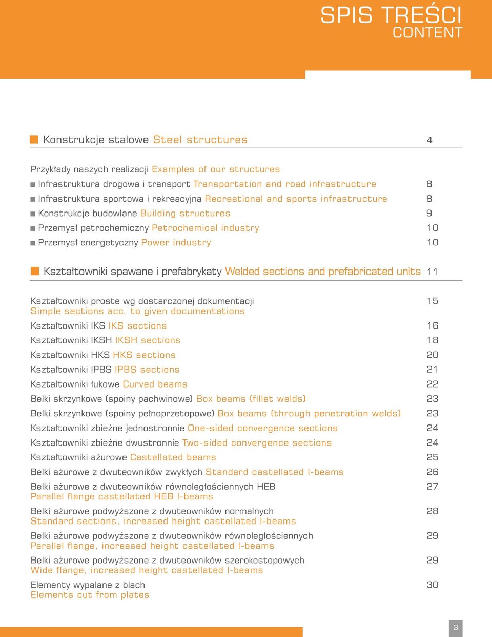 Power industry 10 Kształtowniki spawane i prefabrykaty Welded sections and prefabricated units 11 Kształtowniki proste wg dostarczonej dokumentacji 15 Simple sections acc.