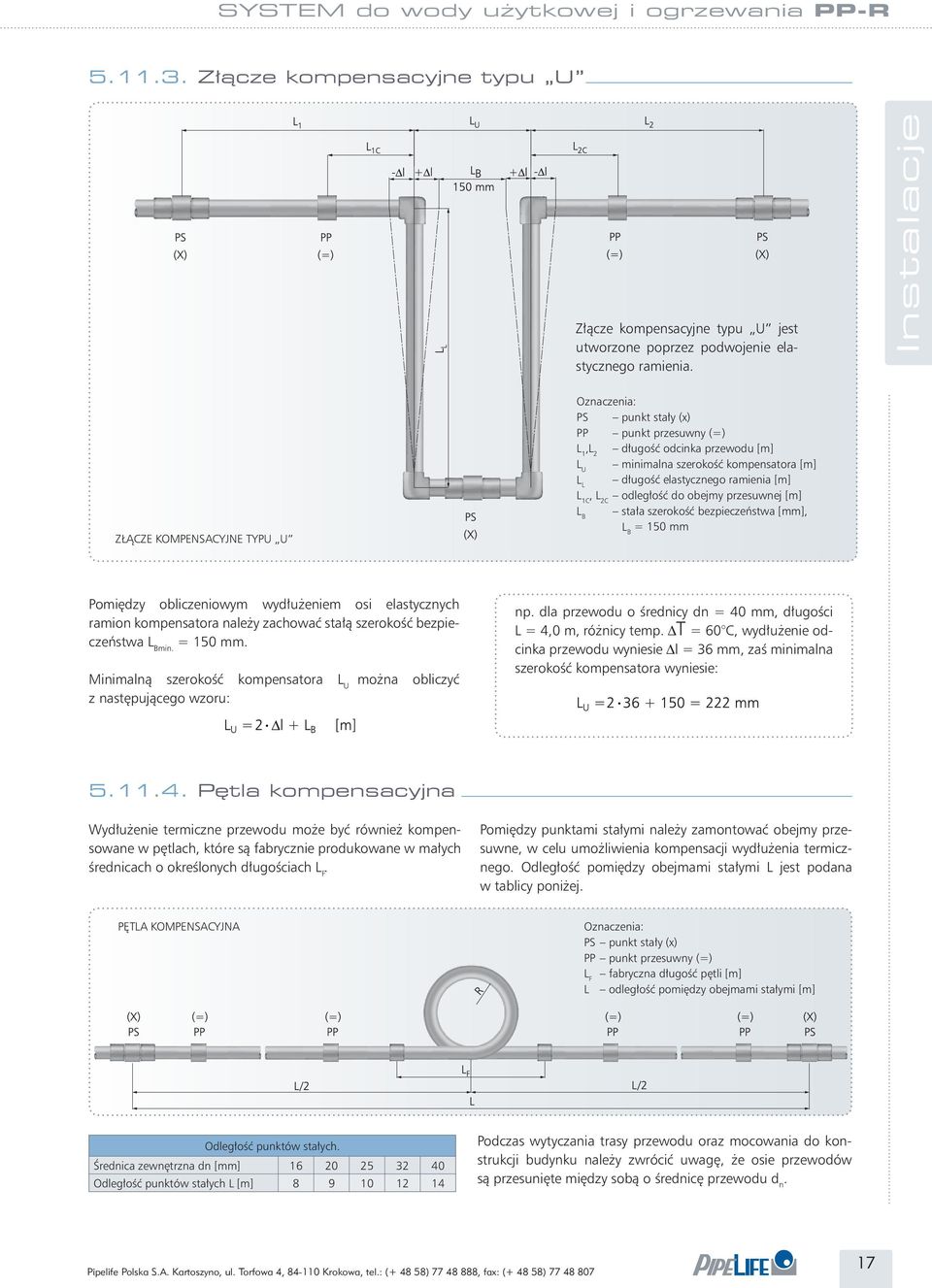 1C, L 2C odległość do obejmy przesuwnej [m] L B stała szerokość bezpieczeństwa, L B = 1 mm Pomiędzy obliczeniowym wydłużeniem osi elastycznych ramion kompensatora należy zachować stałą szerokość