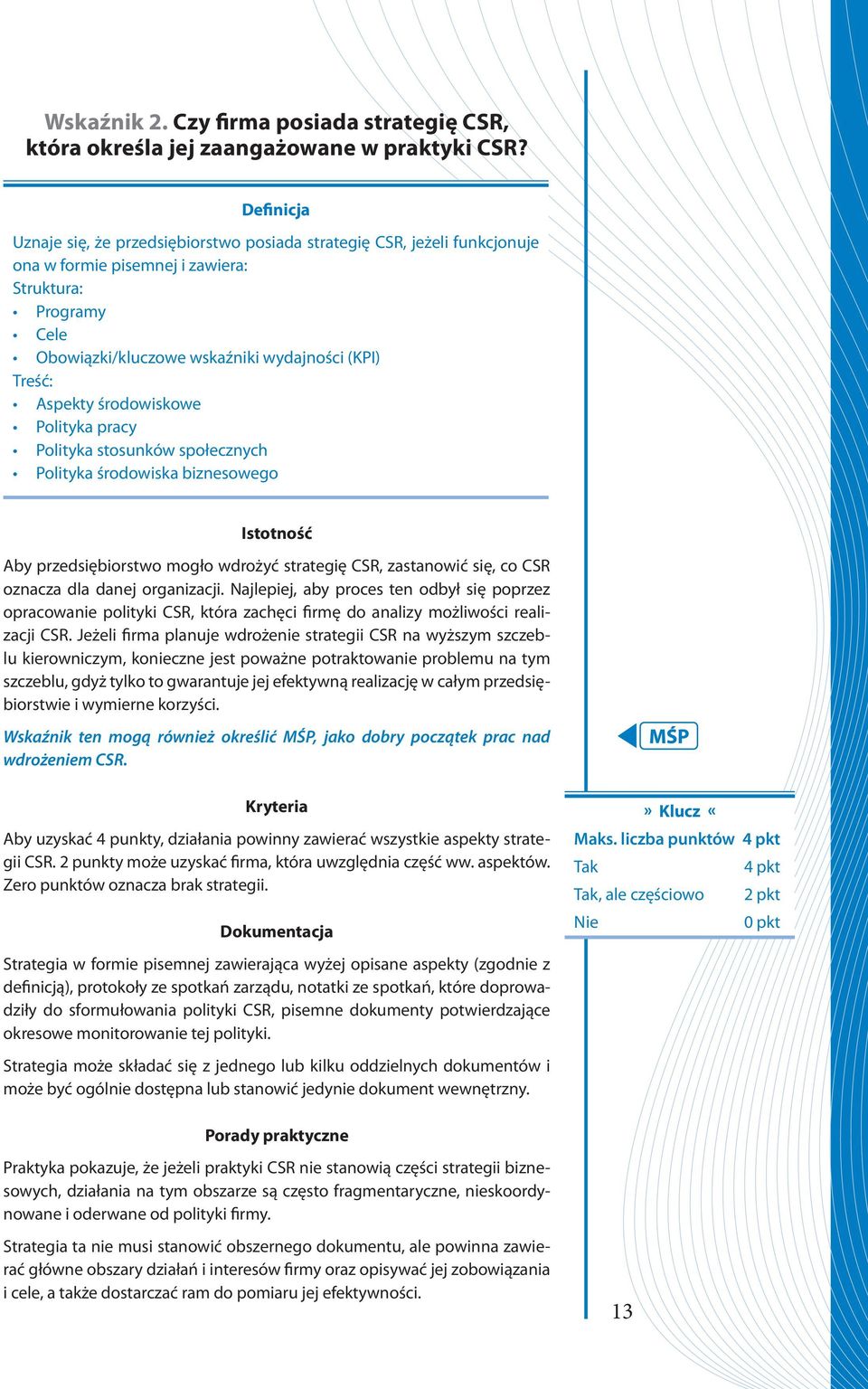 Aspekty środowiskowe Polityka pracy Polityka stosunków społecznych Polityka środowiska biznesowego Istotność Aby przedsiębiorstwo mogło wdrożyć strategię CSR, zastanowić się, co CSR oznacza dla danej