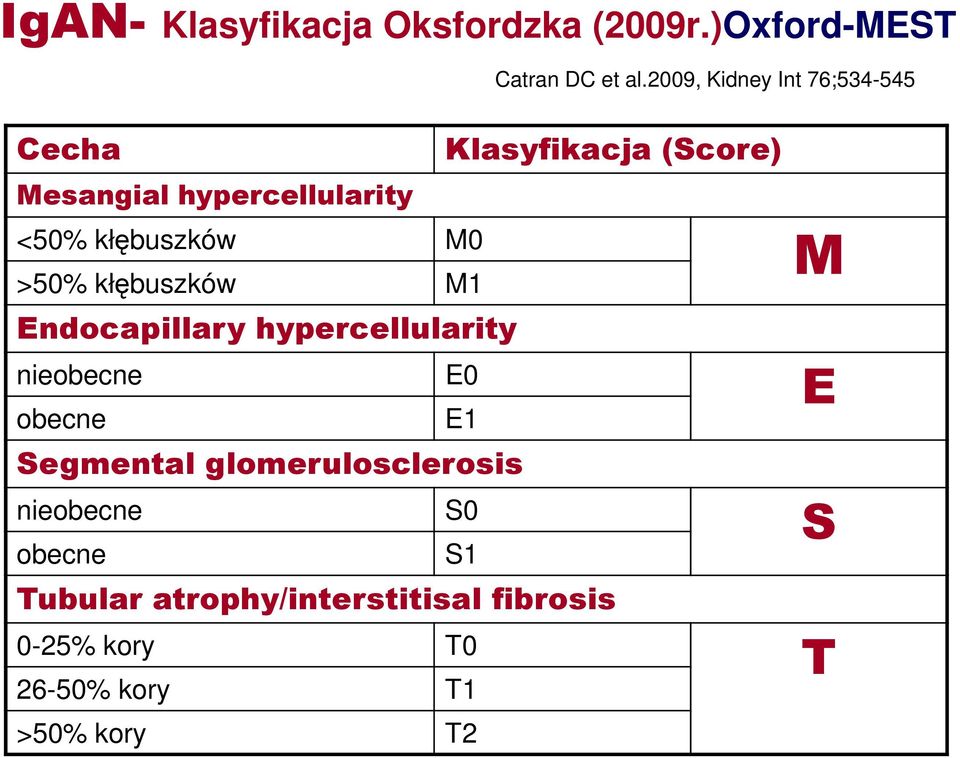 kłębuszków M1 Endocapillary hypercellularity Klasyfikacja (Score) M nieobecne E0 E obecne E1