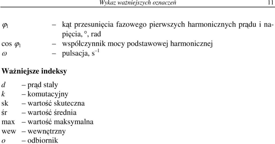 harmonicznej ω pulsacja, s 1 Ważniejsze indeksy d prąd stały k komutacyjny sk