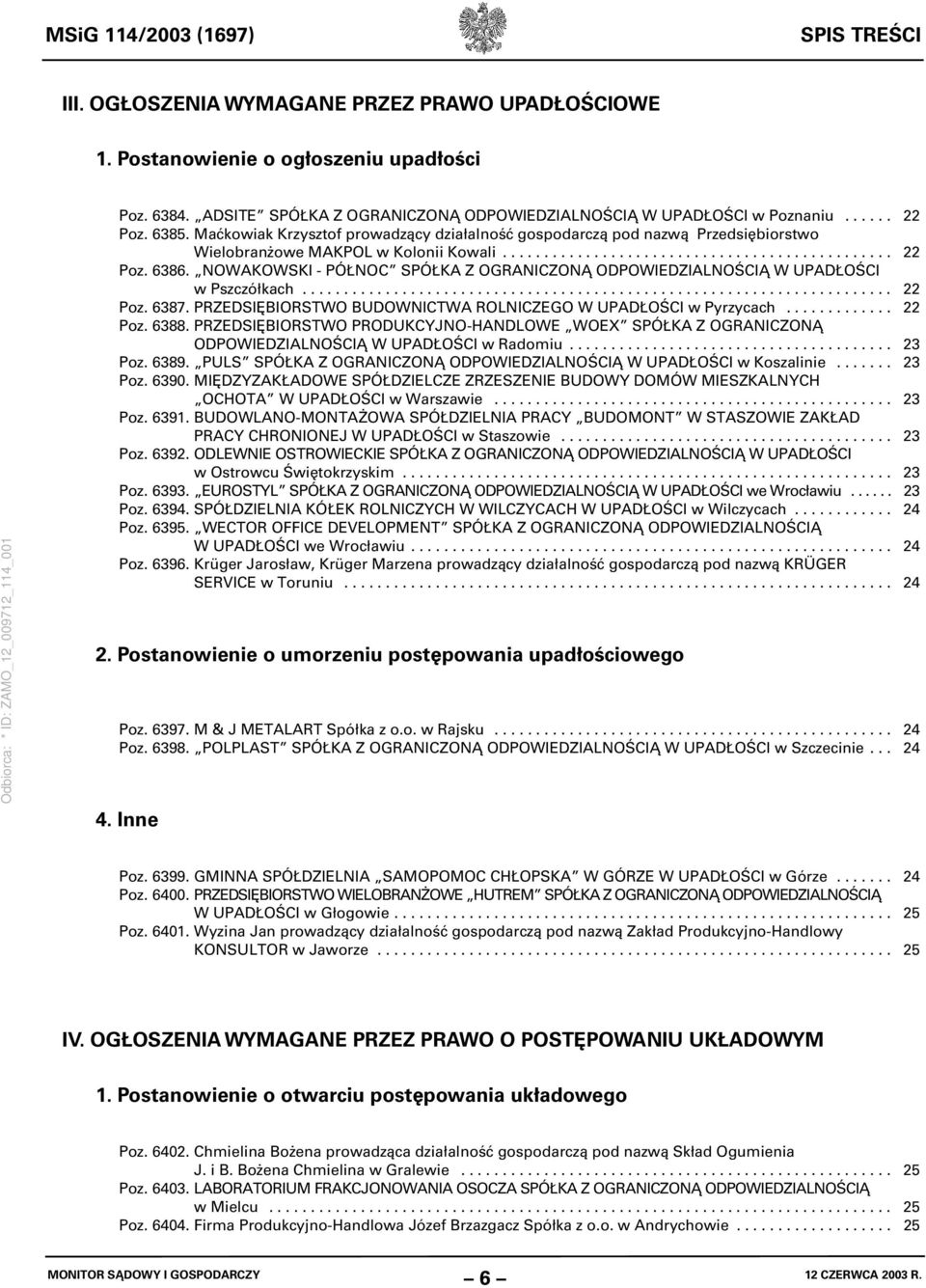 Maćkowiak Krzysztof prowadzący działalność gospodarczą pod nazwą Przedsiębiorstwo Wielobranżowe MAKPOL w Kolonii Kowali............................................... 22 Poz. 6386.