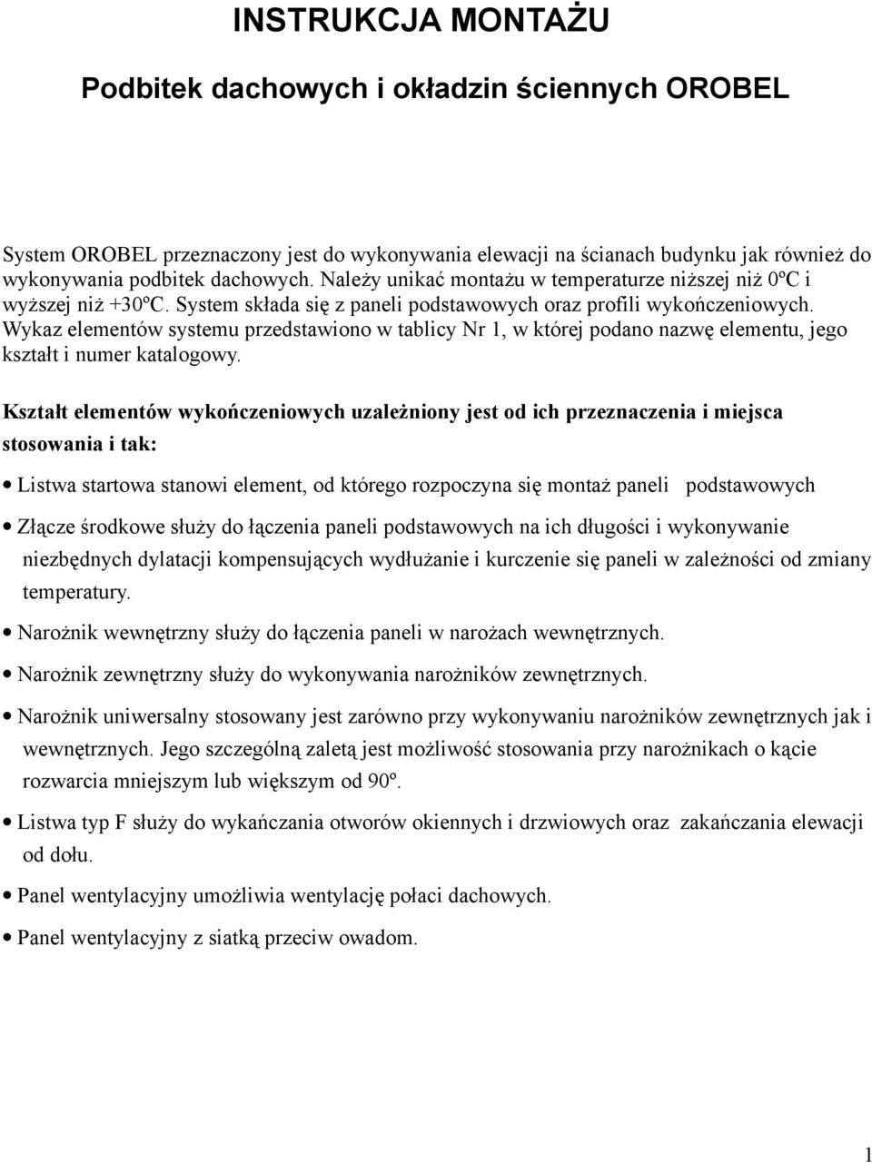 Wykaz elementów systemu przedstawiono w tablicy Nr 1, w której podano nazwę elementu, jego kształt i numer katalogowy.