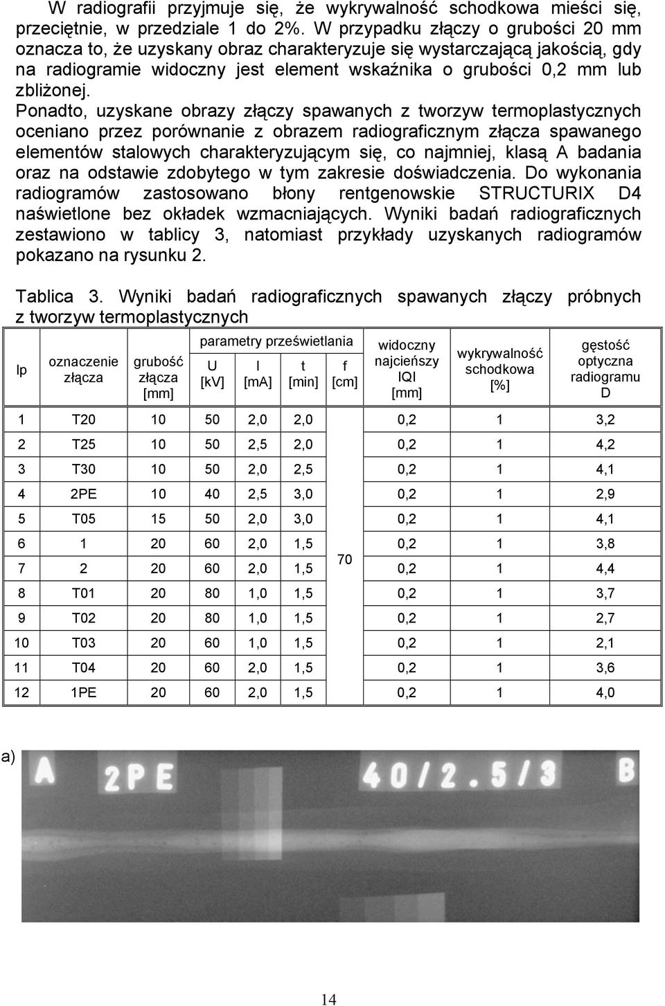 Ponadto, uzyskane obrazy złączy spawanych z tworzyw termoplastycznych oceniano przez porównanie z obrazem radiograficznym złącza spawanego elementów stalowych charakteryzującym się, co najmniej,