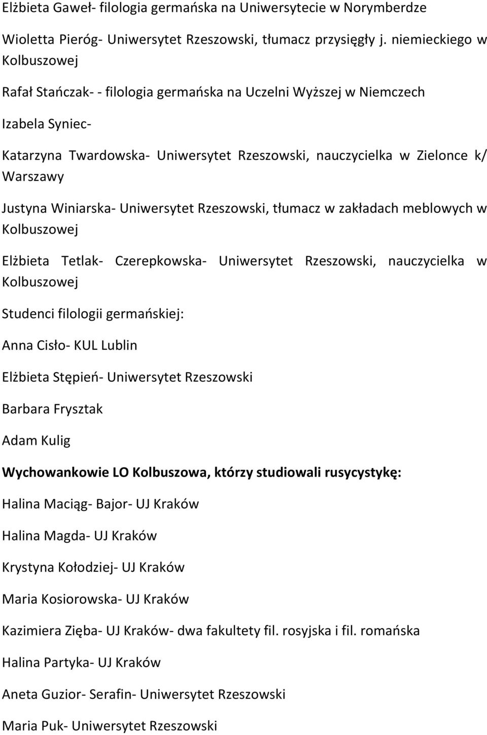 Justyna Winiarska- Uniwersytet Rzeszowski, tłumacz w zakładach meblowych w Kolbuszowej Elżbieta Tetlak- Czerepkowska- Uniwersytet Rzeszowski, nauczycielka w Kolbuszowej Studenci filologii