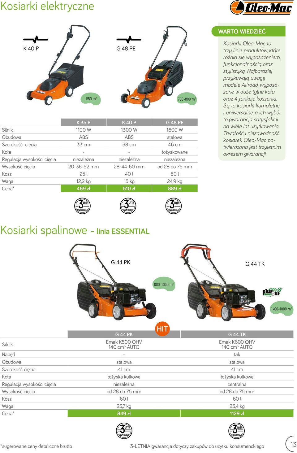 trzy linie produktów, które różnią się wyposażeniem, funkcjonalnością oraz stylistyką. Najbardziej przykuwają uwagę modele Allroad, wyposażone w duże tylne koła oraz 4 funkcje koszenia.