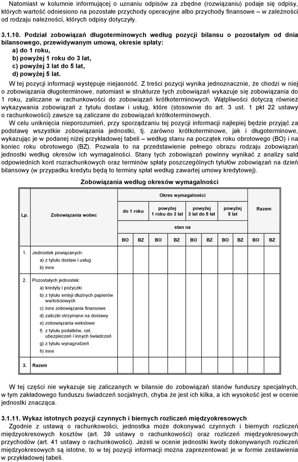 Podział zobowiązań długoterminowych według pozycji bilansu o pozostałym od dnia bilansowego, przewidywanym umową, okresie spłaty: a) do 1, b) powyżej 1 do 3 lat, c) powyżej 3 lat do 5 lat, d) powyżej