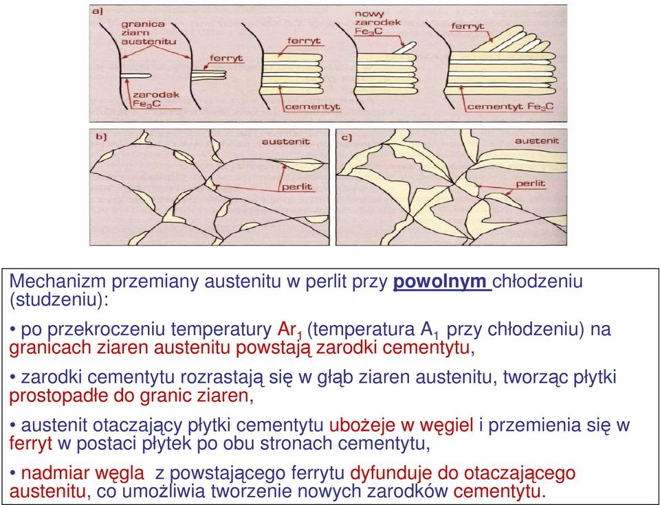 płytki prostopadłe do granic ziaren, austenit otaczający płytki cementytu ubożeje w węgiel i przemienia się w ferryt w postaci płytek po