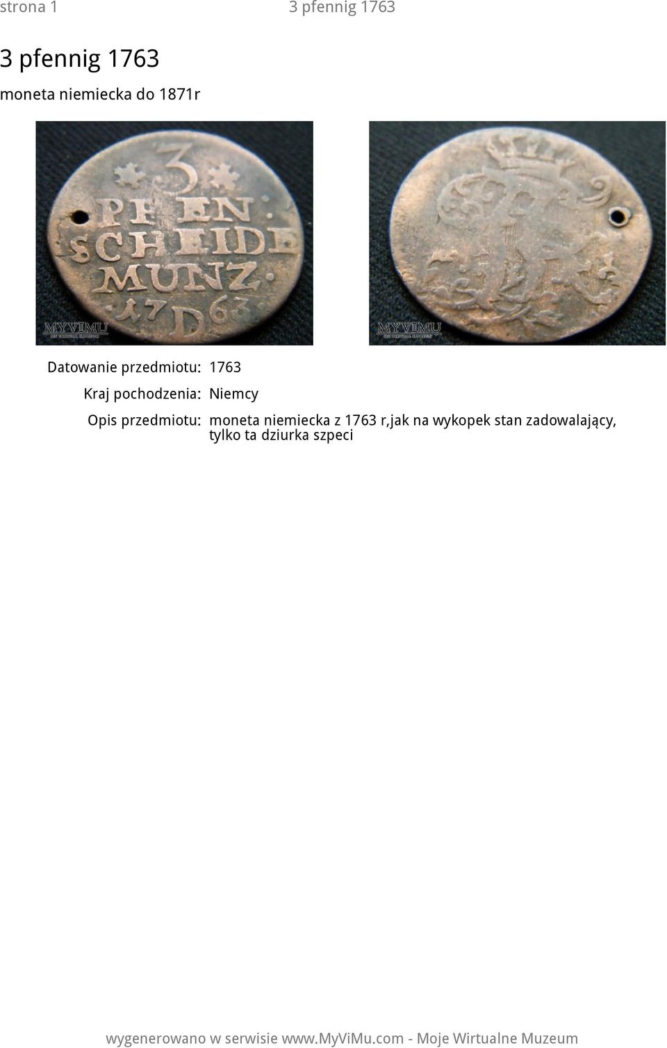 przedmiotu: moneta niemiecka z 1763 r,jak