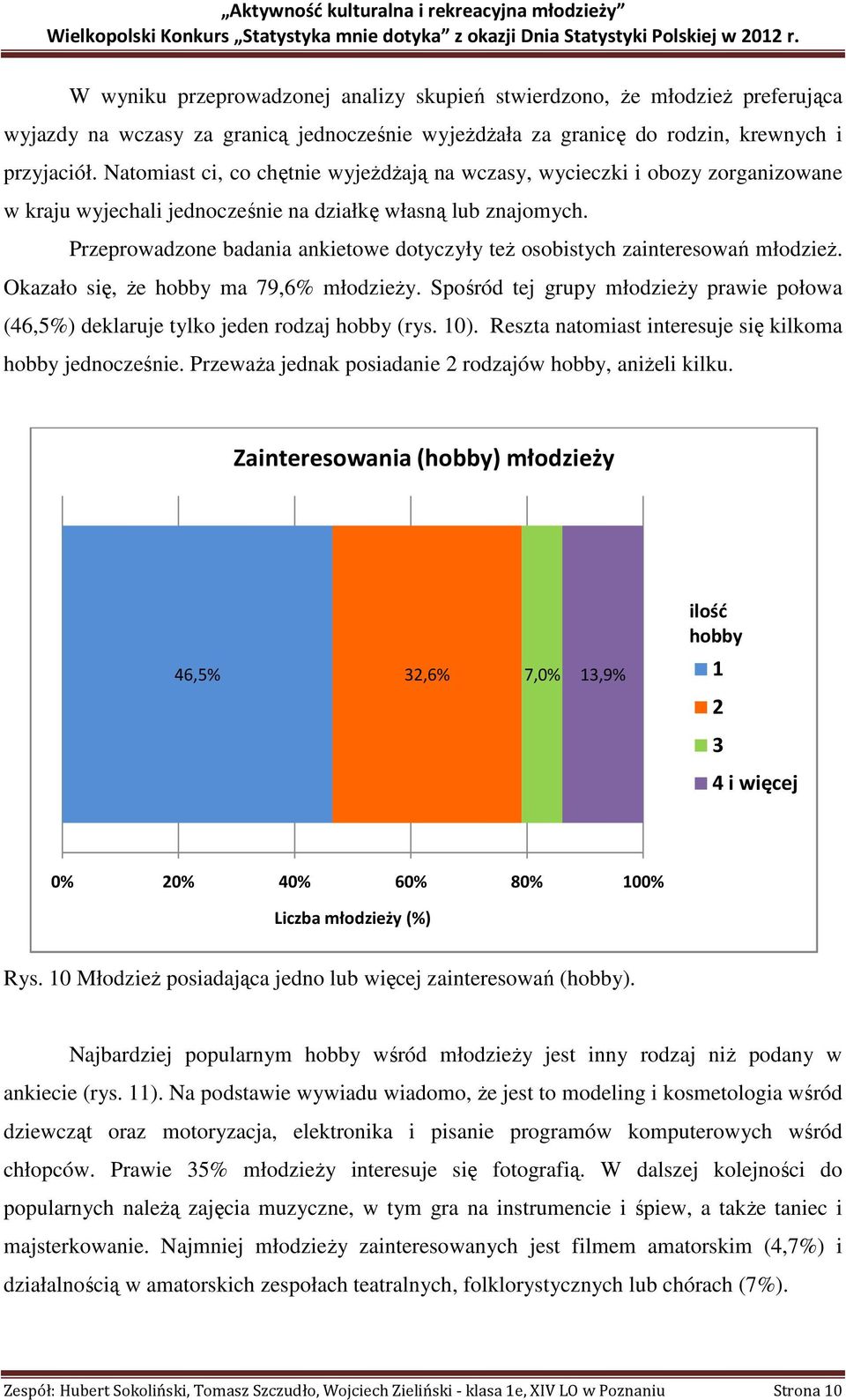 Przeprowadzone badania ankietowe dotyczyły też osobistych zainteresowań młodzież. Okazało się, że hobby ma 79,6% młodzieży.