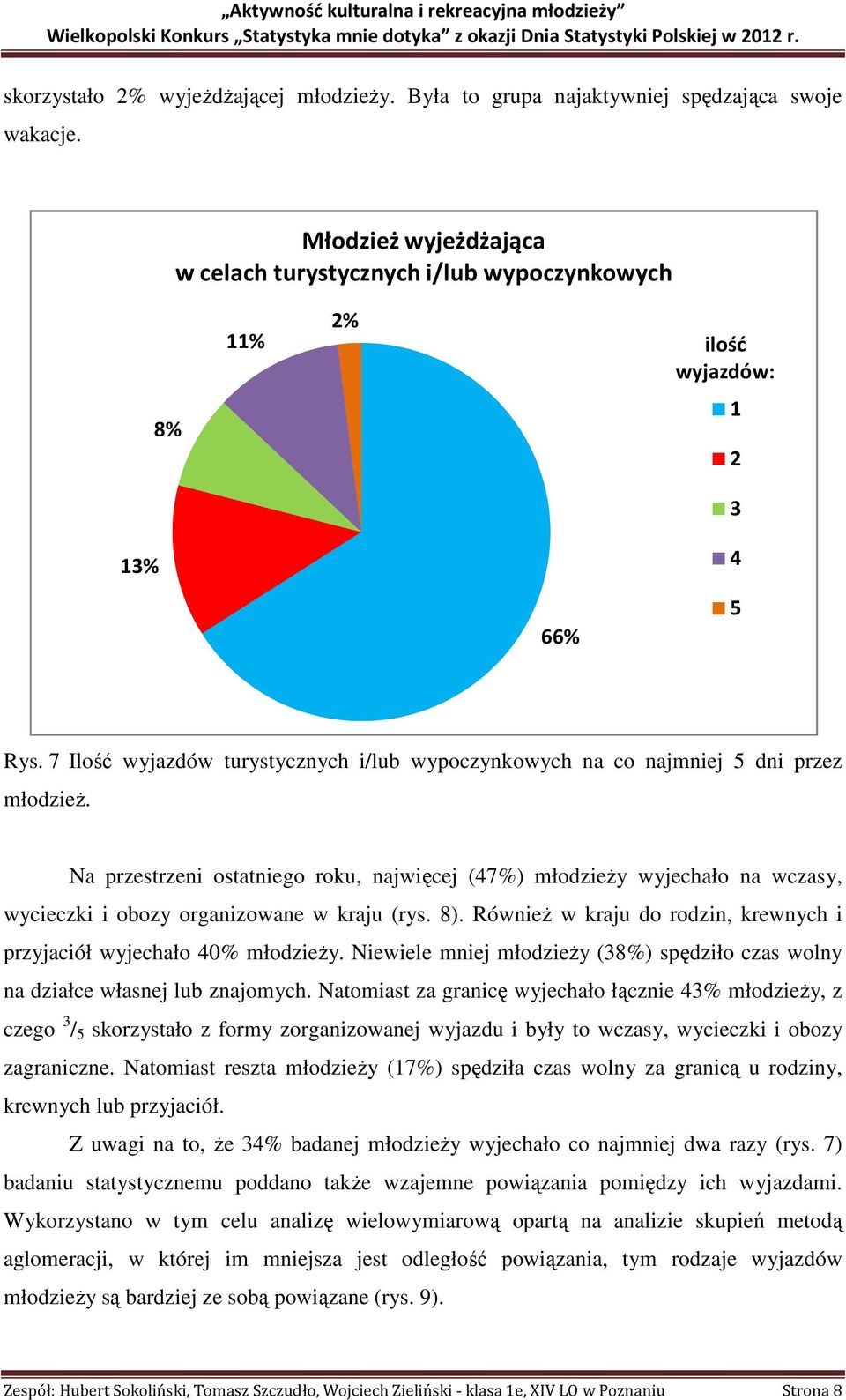 Na przestrzeni ostatniego roku, najwięcej (47%) młodzieży wyjechało na wczasy, wycieczki i obozy organizowane w kraju (rys. 8).