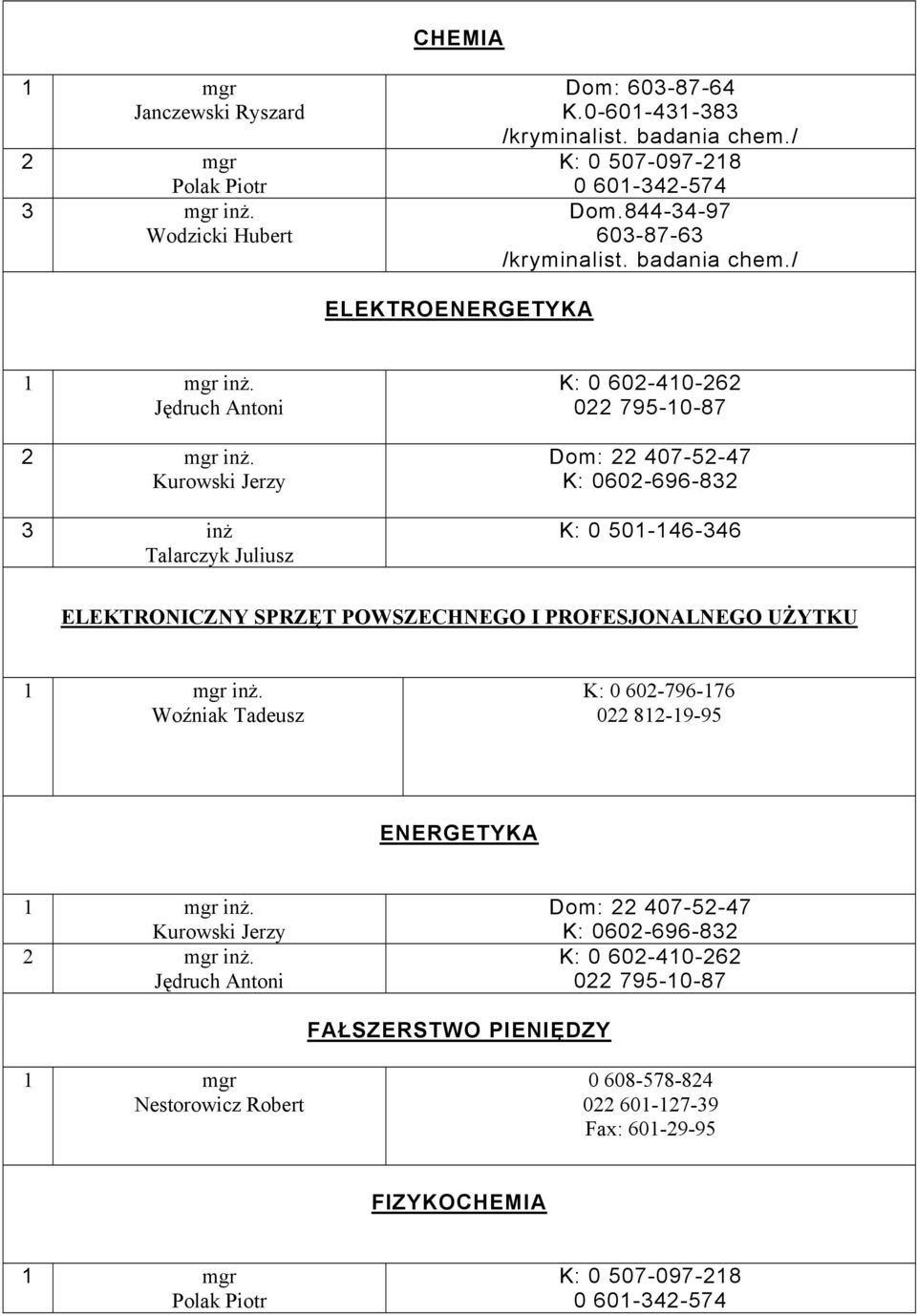 / ELEKTROENERGETYKA Jędruch Antoni Kurowski Jerzy 3 inż Talarczyk Juliusz K: 0 602-410-262 022 795-10-87 Dom: 22 407-52-47 K: 0602-696-832 K: 0 501-146-346 ELEKTRONICZNY SPRZĘT