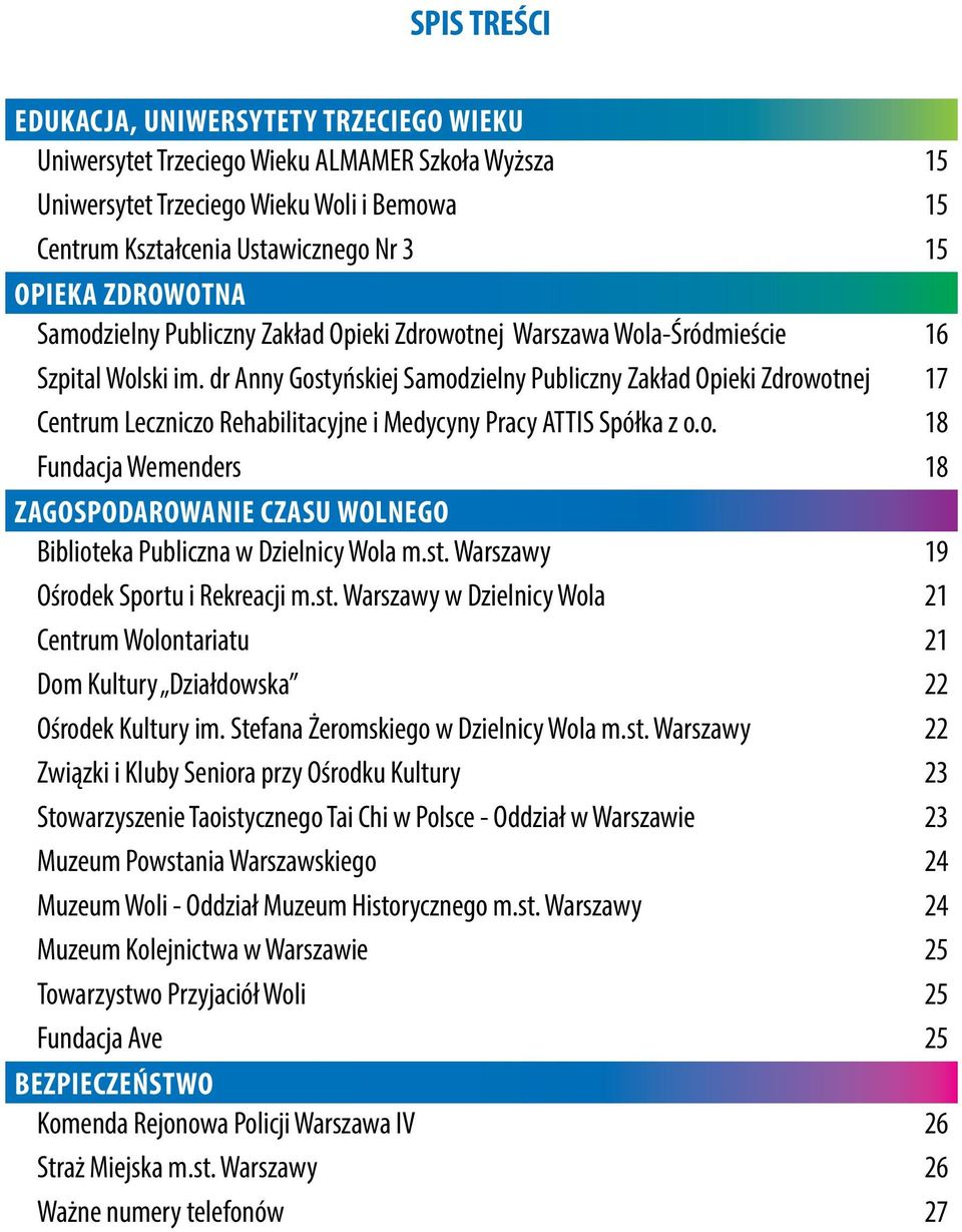 dr Anny Gostyńskiej Samodzielny Publiczny Zakład Opieki Zdrowotnej 17 Centrum Leczniczo Rehabilitacyjne i Medycyny Pracy ATTIS Spółka z o.o. 18 Fundacja Wemenders 18 ZAGOSPODAROWANIE CZASU WOLNEGO Biblioteka Publiczna w Dzielnicy Wola m.
