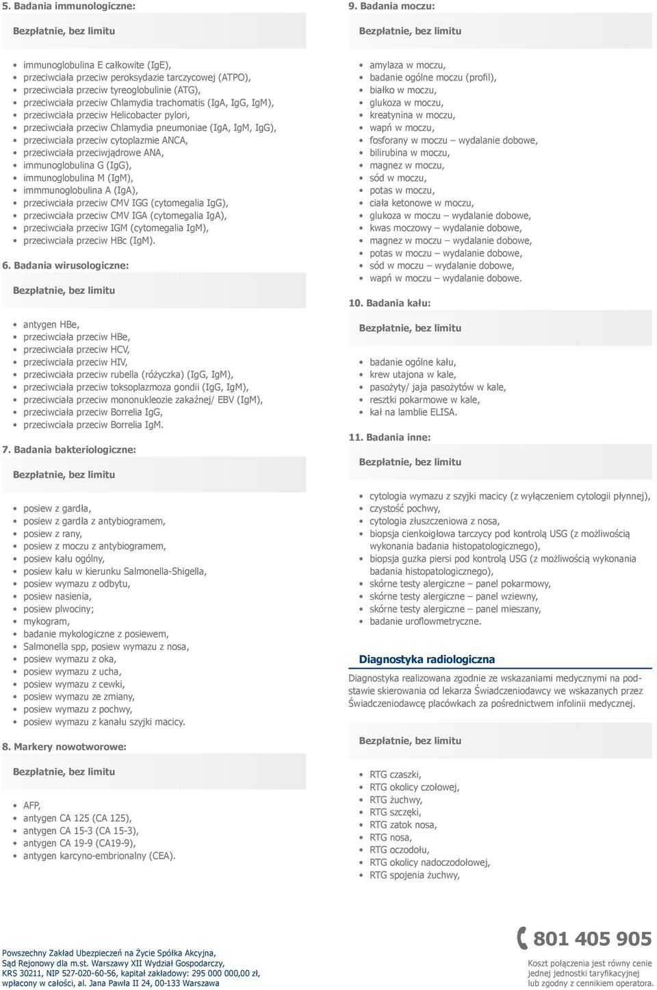 IgG, IgM), przeciwciała przeciw Helicobacter pylori, przeciwciała przeciw Chlamydia pneumoniae (IgA, IgM, IgG), przeciwciała przeciw cytoplazmie ANCA, przeciwciała przeciwjądrowe ANA, immunoglobulina