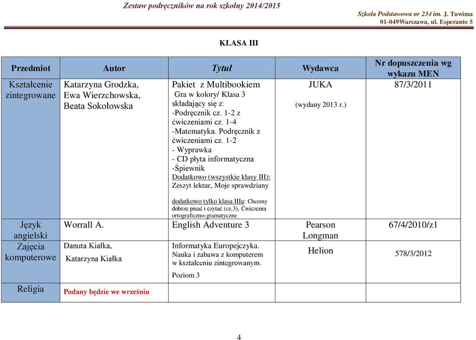 1-2 - Wyprawka - CD płyta informatyczna -Śpiewnik Dodatkowo (wszystkie klasy III): Zeszyt lektur, Moje sprawdziany JUKA (wydany 2013 r.