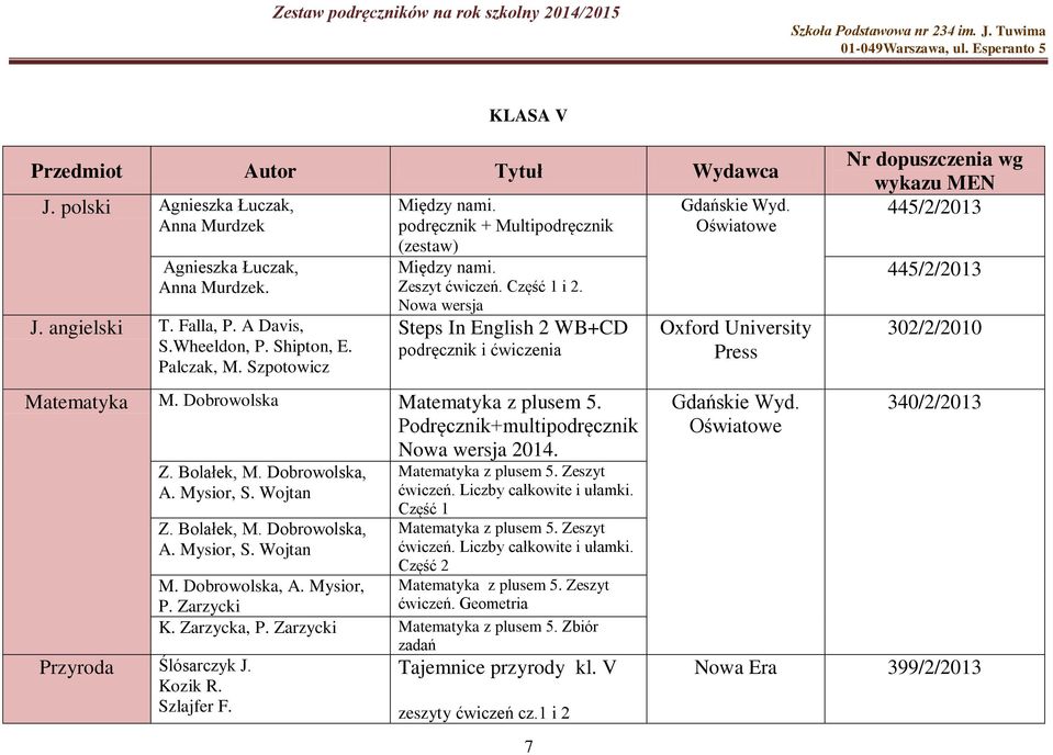 Podręcznik+multipodręcznik Nowa wersja 2014. Przyroda Ślósarczyk J. Kozik R. Szlajfer F. Z. Bolałek, M. Dobrowolska, A. Mysior, S. Wojtan Z. Bolałek, M. Dobrowolska, A. Mysior, S. Wojtan Matematyka z plusem 5.