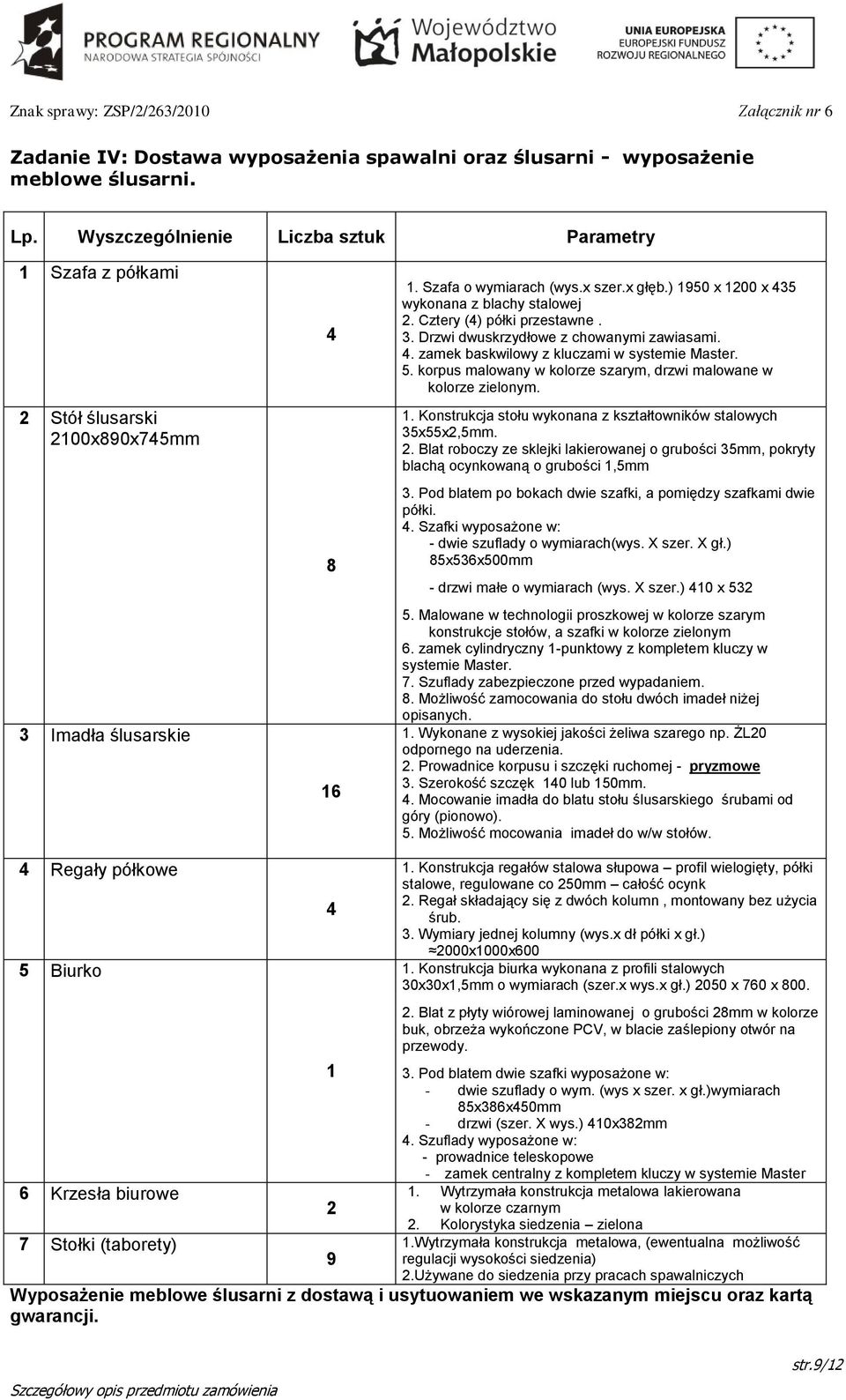 Cztery (4) półki przestawne. 3. Drzwi dwuskrzydłowe z chowanymi zawiasami. 4. zamek baskwilowy z kluczami w systemie Master. 5. korpus malowany w kolorze szarym, drzwi malowane w kolorze zielonym.