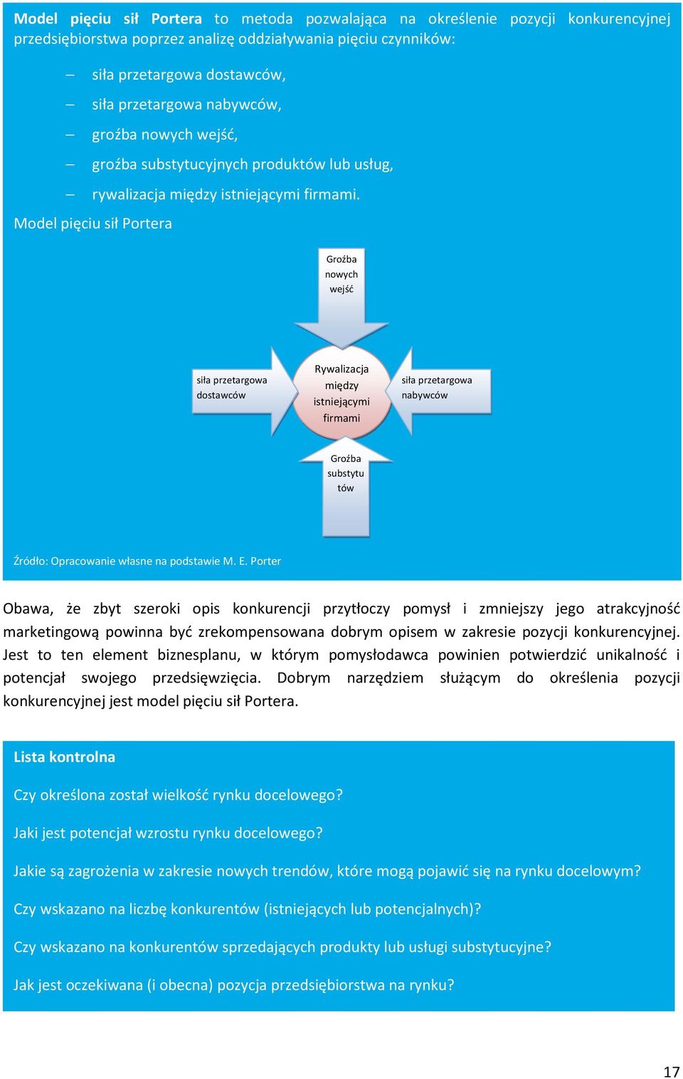 Model pięciu sił Portera Groźba nowych wejść siła przetargowa dostawców Rywalizacja między istniejącymi firmami siła przetargowa nabywców Groźba substytu tów Źródło: Opracowanie własne na podstawie M.