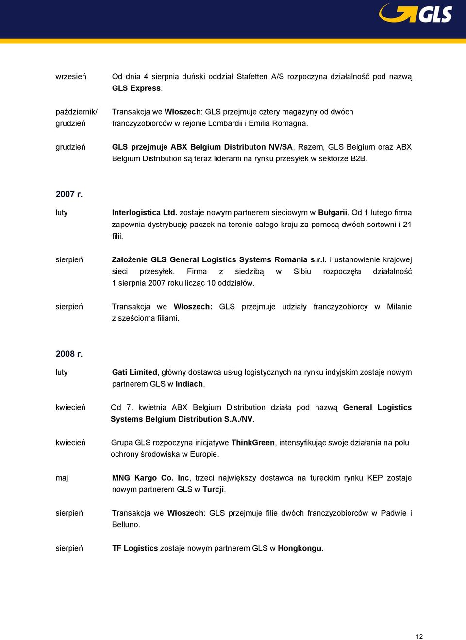 Razem, GLS Belgium oraz ABX Belgium Distribution są teraz liderami na rynku przesyłek w sektorze B2B. 2007 r. luty Interlogistica Ltd. zostaje nowym partnerem sieciowym w Bułgarii.