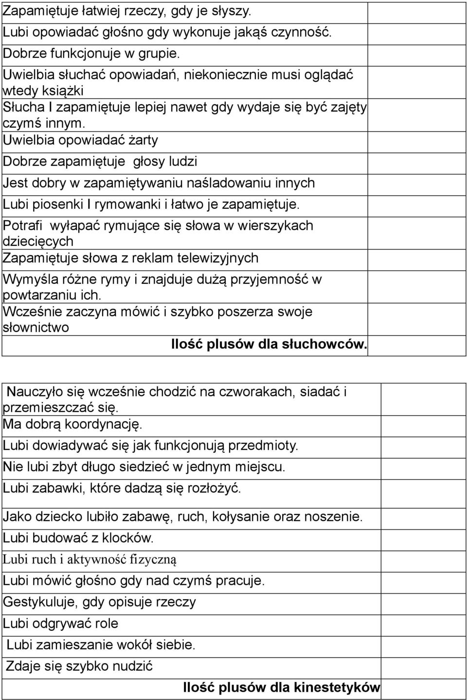 Uwielbia opowiadać żarty Dobrze zapamiętuje głosy ludzi Jest dobry w zapamiętywaniu naśladowaniu innych Lubi piosenki I rymowanki i łatwo je zapamiętuje.