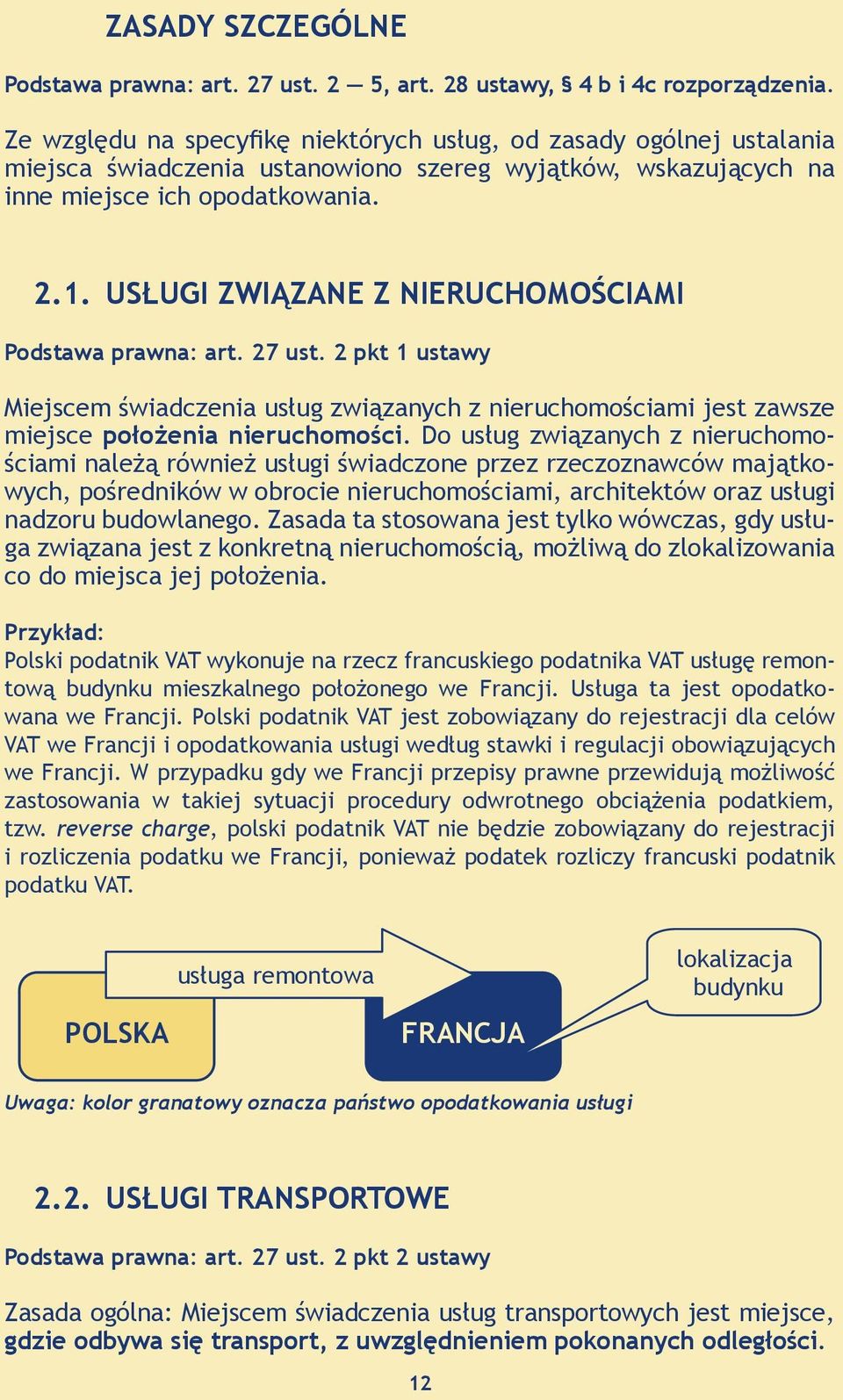 USŁUGI ZWIĄZANE Z NIERUCHOMOŚCIAMI Podstawa prawna: art. 27 ust. 2 pkt 1 ustawy Miejscem świadczenia usług związanych z nieruchomościami jest zawsze miejsce położenia nieruchomości.