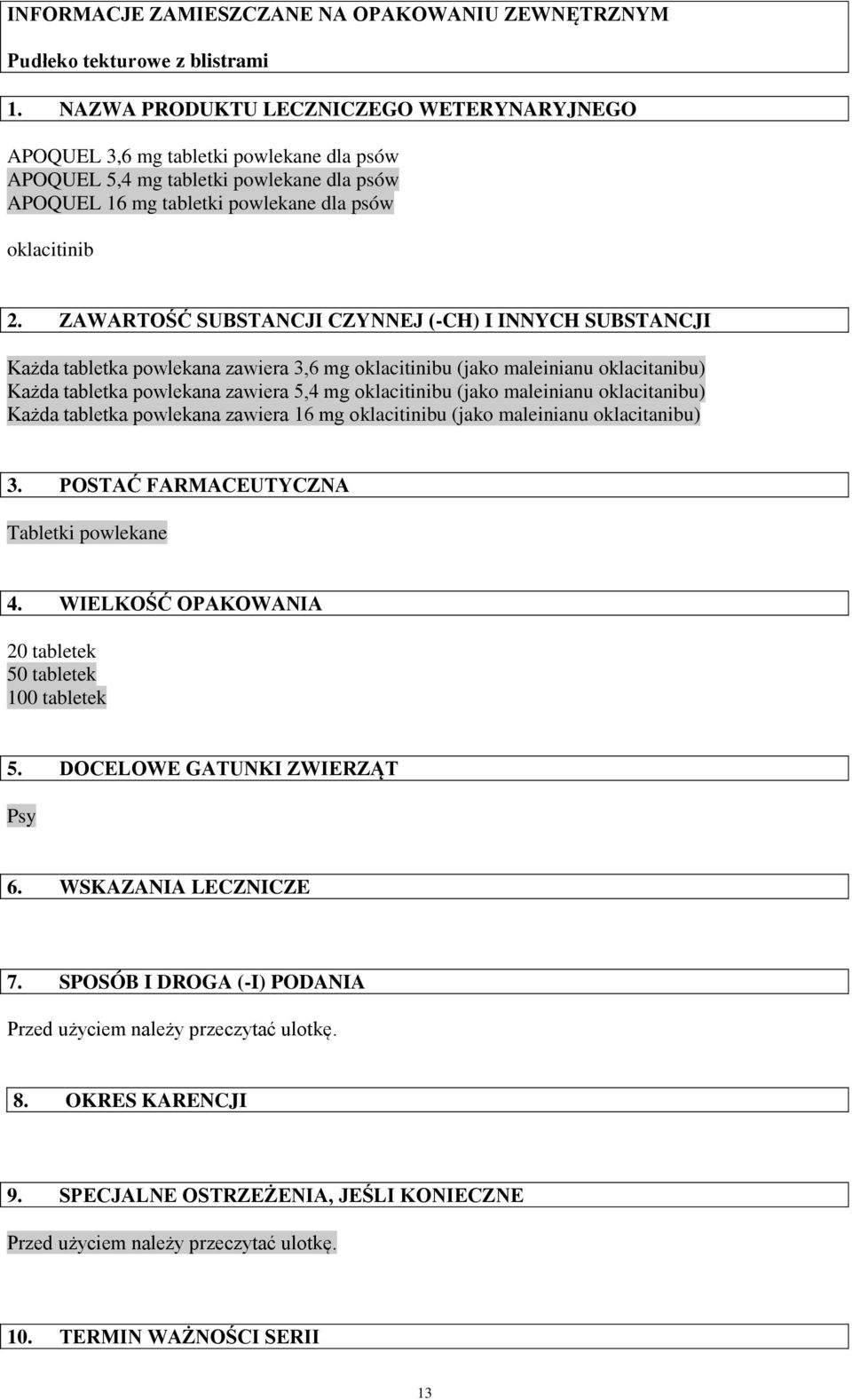 ZAWARTOŚĆ SUBSTANCJI CZYNNEJ (-CH) I INNYCH SUBSTANCJI Każda tabletka powlekana zawiera 3,6 mg oklacitinibu (jako maleinianu oklacitanibu) Każda tabletka powlekana zawiera 5,4 mg oklacitinibu (jako