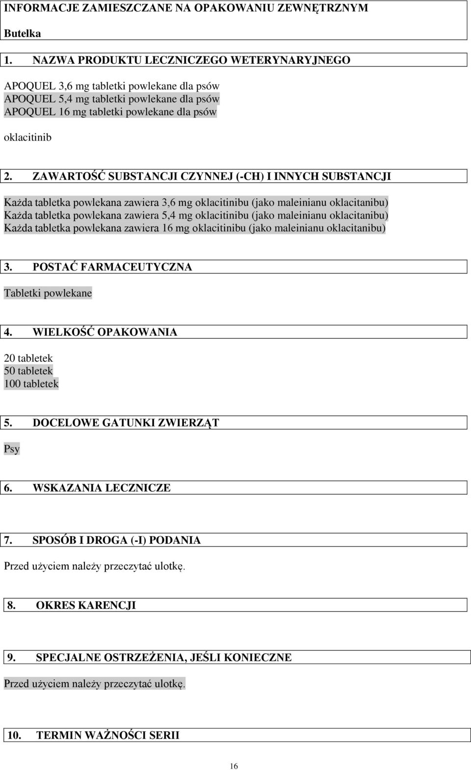 ZAWARTOŚĆ SUBSTANCJI CZYNNEJ (-CH) I INNYCH SUBSTANCJI Każda tabletka powlekana zawiera 3,6 mg oklacitinibu (jako maleinianu oklacitanibu) Każda tabletka powlekana zawiera 5,4 mg oklacitinibu (jako