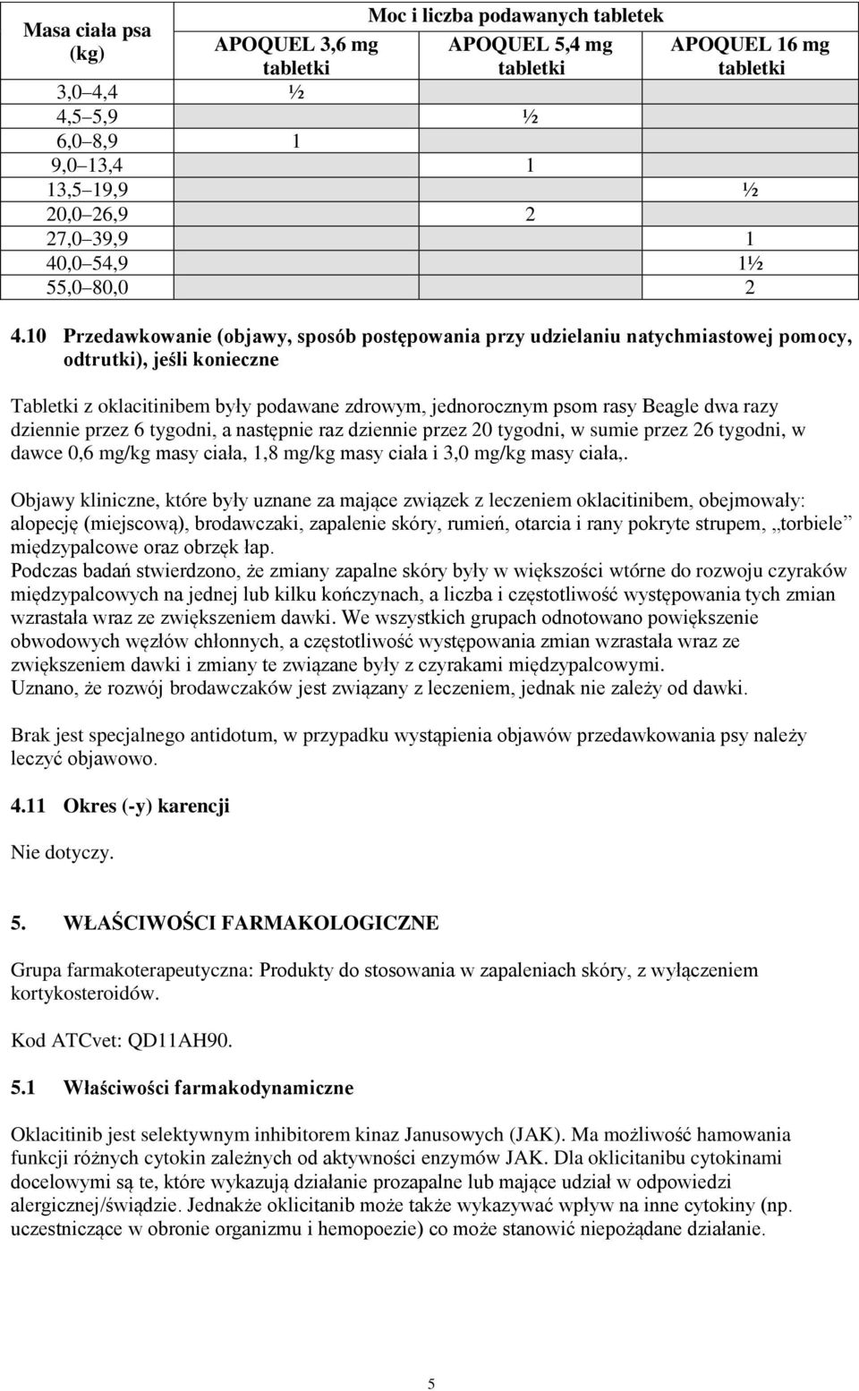 10 Przedawkowanie (objawy, sposób postępowania przy udzielaniu natychmiastowej pomocy, odtrutki), jeśli konieczne Tabletki z oklacitinibem były podawane zdrowym, jednorocznym psom rasy Beagle dwa