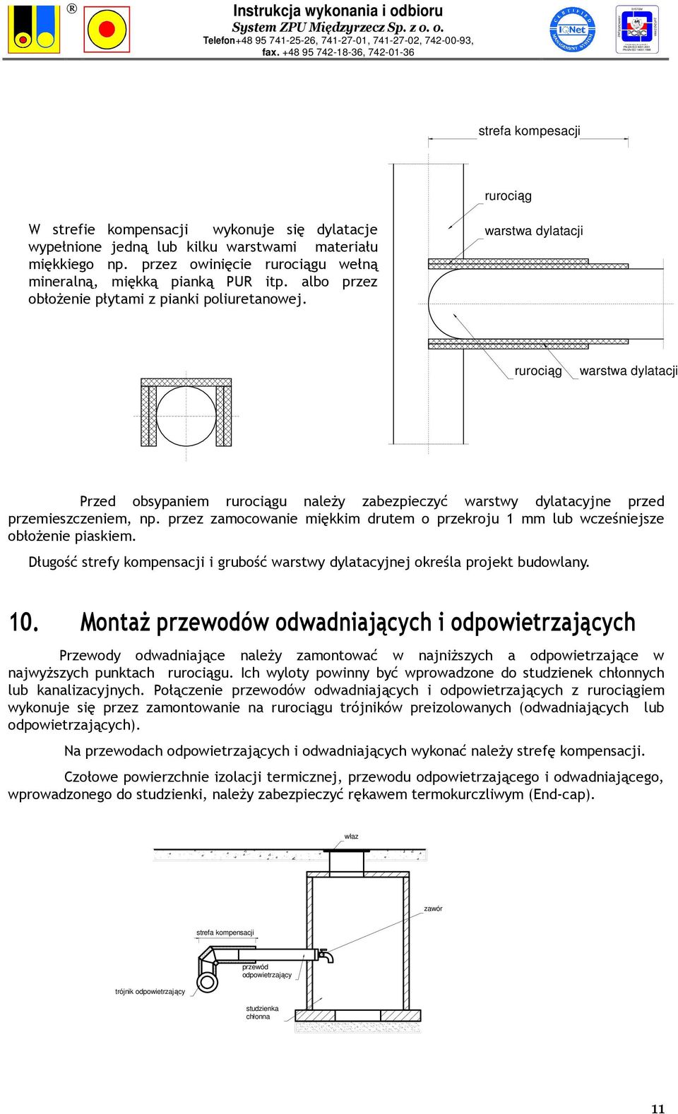 przez zamocowanie miękkim drutem o przekroju 1 mm lub wcześniejsze obłoŝenie piaskiem. Długość strefy kompensacji i grubość warstwy dylatacyjnej określa projekt budowlany. 10.