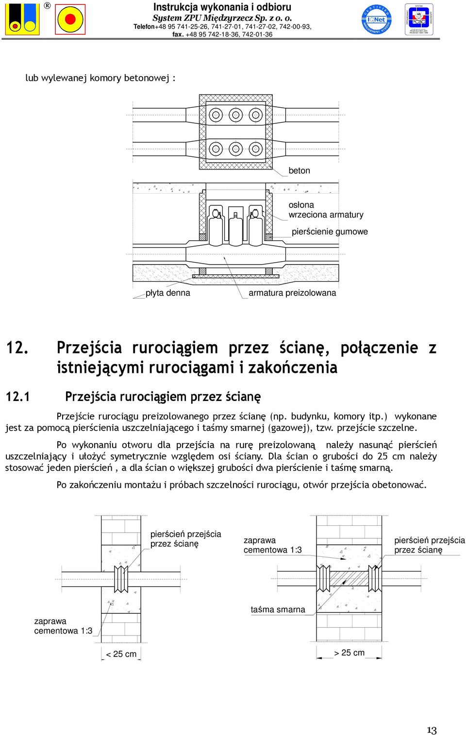 budynku, komory itp.) wykonane jest za pomocą pierścienia uszczelniającego i taśmy smarnej (gazowej), tzw. przejście szczelne.