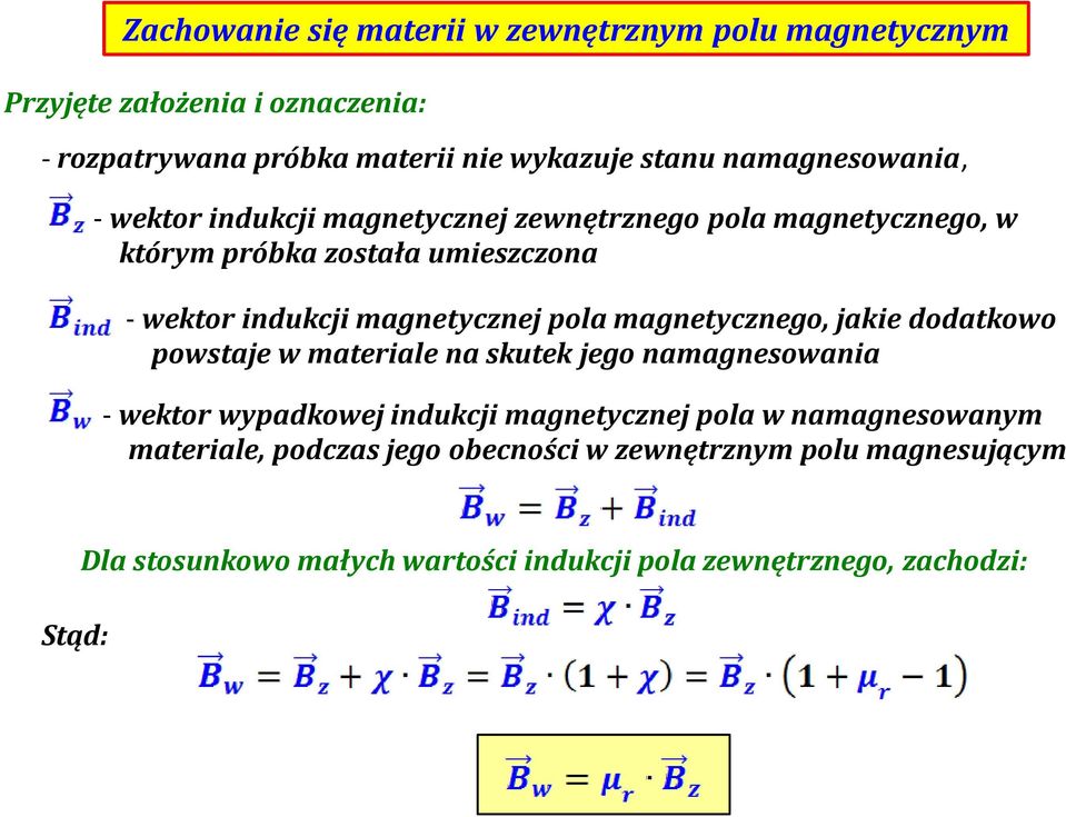 magnetycznej pola magnetycznego, jakie dodatkowo powstaje w materiale na skutek jego namagnesowania - wektor wypadkowej indukcji magnetycznej