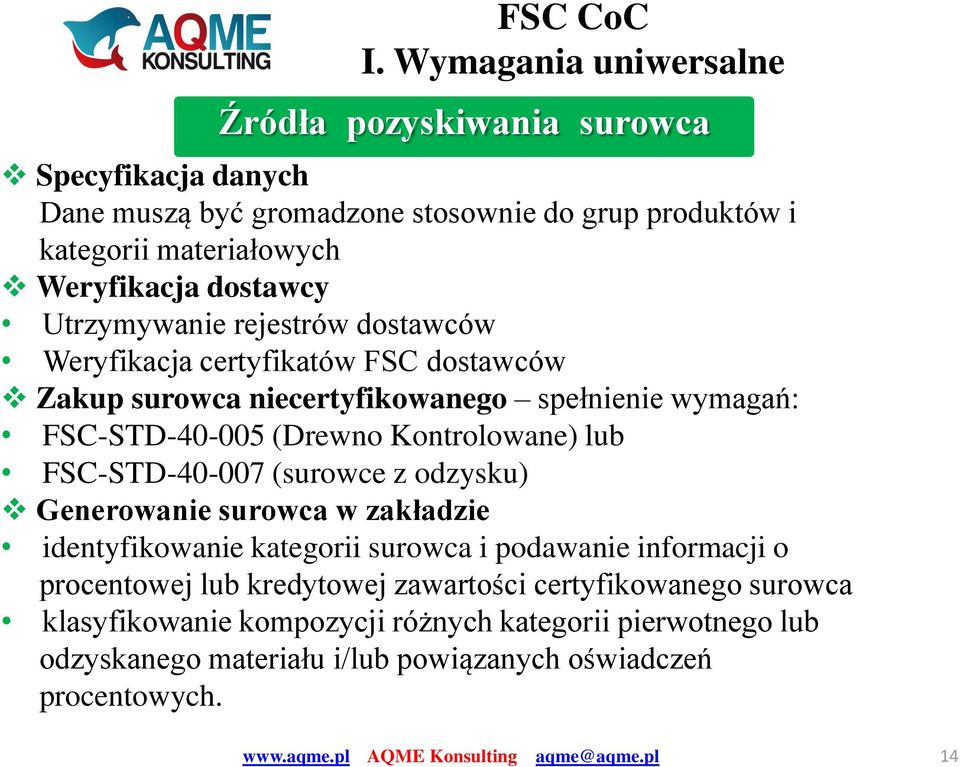 (Drewno Kontrolowane) lub FSC-STD-40-007 (surowce z odzysku) Generowanie surowca w zakładzie identyfikowanie kategorii surowca i podawanie informacji o procentowej